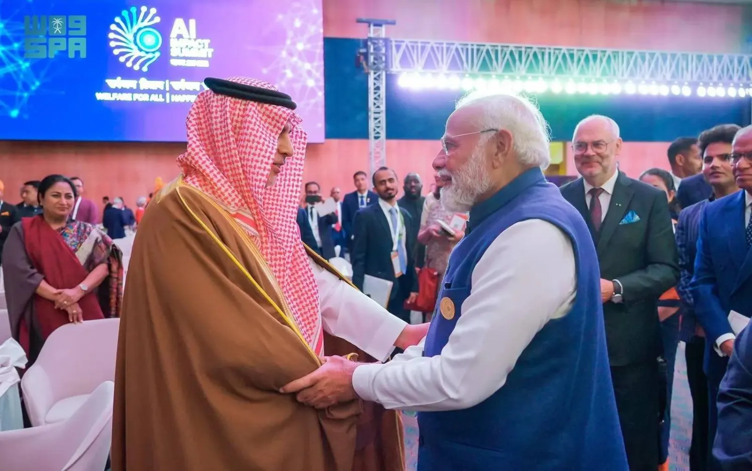 Indian Prime Minister Narendra Modi and President of the Saudi Data and Artificial Intelligence Authority (SDAIA) President Dr. Abdullah Al-Ghamdi meet on the sidelines of the India AI Impact Summit 2026. (SPA)