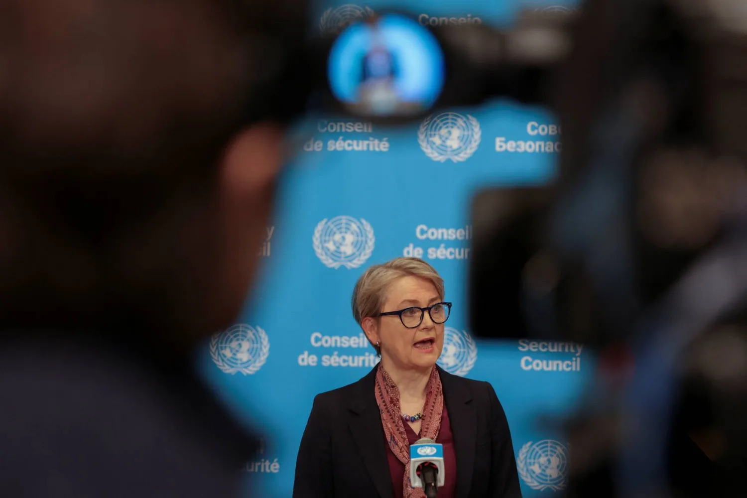 British Foreign Secretary Yvette Cooper, president of the United Nations Security Council for February speaks during a press conference before the Security Council meeting, at UN headquarters in New York City, US, February 19, 2026. REUTERS/Jeenah Moon

