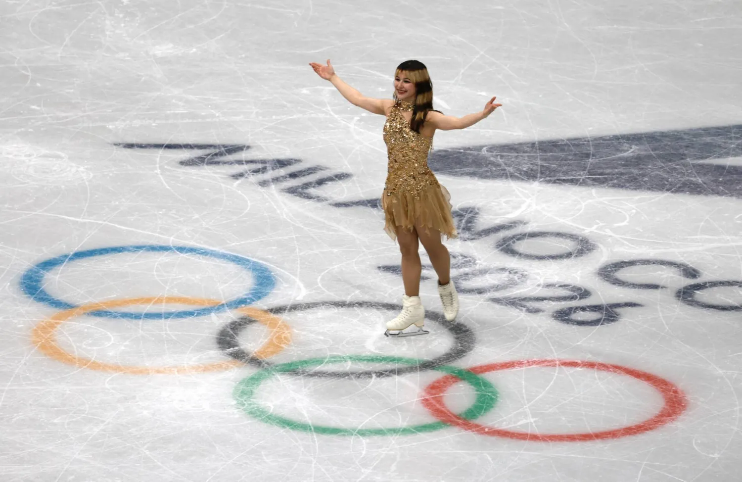 Milano Cortina 2026 Olympics - Figure Skating - Women Single Skating - Victory Ceremony - Milano Ice Skating Arena, Milan, Italy - February 19, 2026. Gold medallist Alysa Liu of United States celebrates after winning the Women Single Skating. (Reuters)