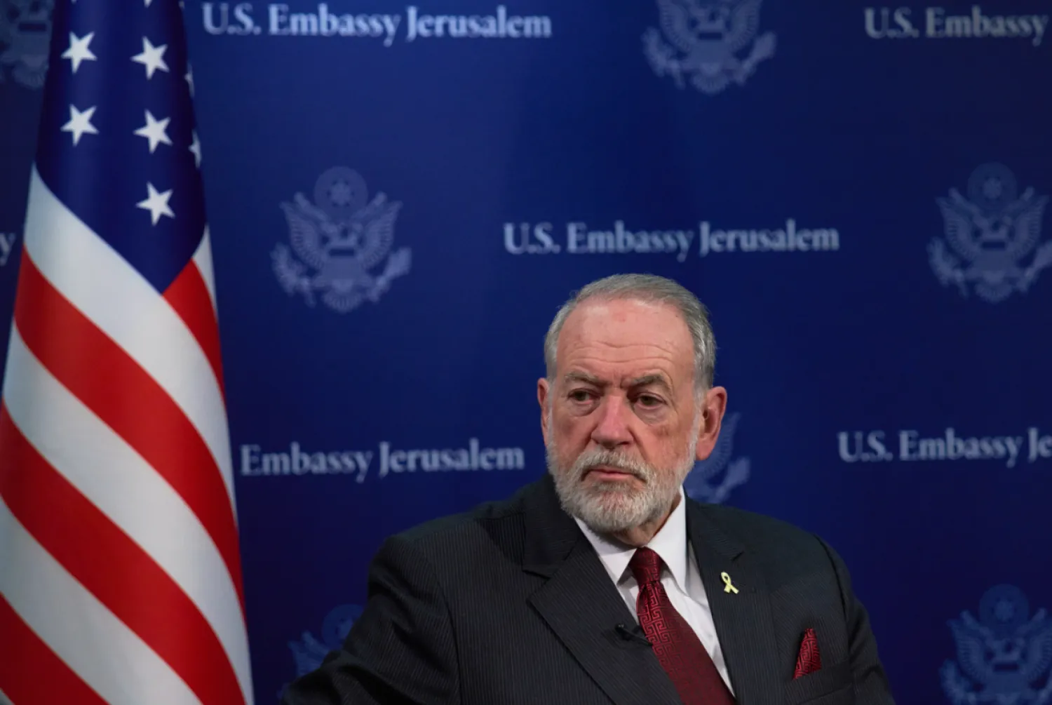 US Ambassador to Israel Mike Huckabee is seen during an interview in Jerusalem, Wednesday, Aug. 20, 2025.(AP Photo/Ohad Zwigenberg, File)