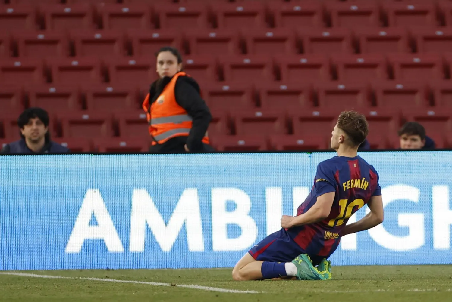 FC Barcelona midfielder Fermin Lopez celebrates after scoring the 3-0 goal during the Spanish LaLiga soccer match between FC Barcelona and Levante UD in Barcelona, Spain, 22 February 2026.  EPA/ALBERTO ESTEVEZ