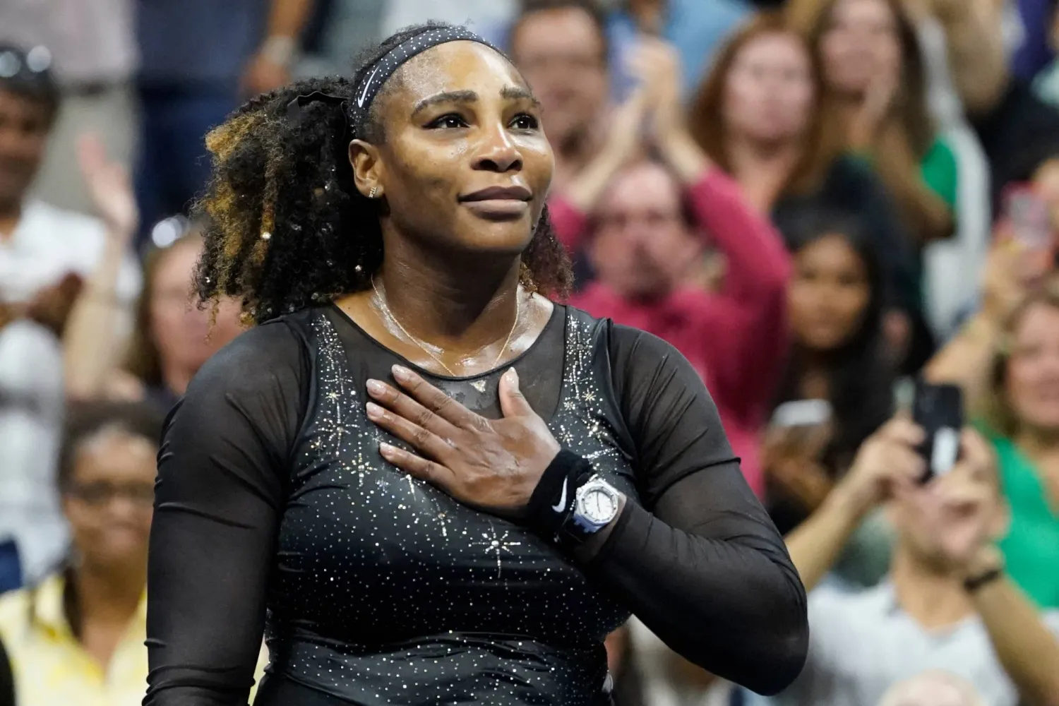 FILE - Serena Williams acknowledges the crowd after losing to Ajla Tomljanovic, of Austrailia, in the third round of the US Open tennis championships, Sept. 2, 2022, in New York. (AP Photo/John Minchillo, File)