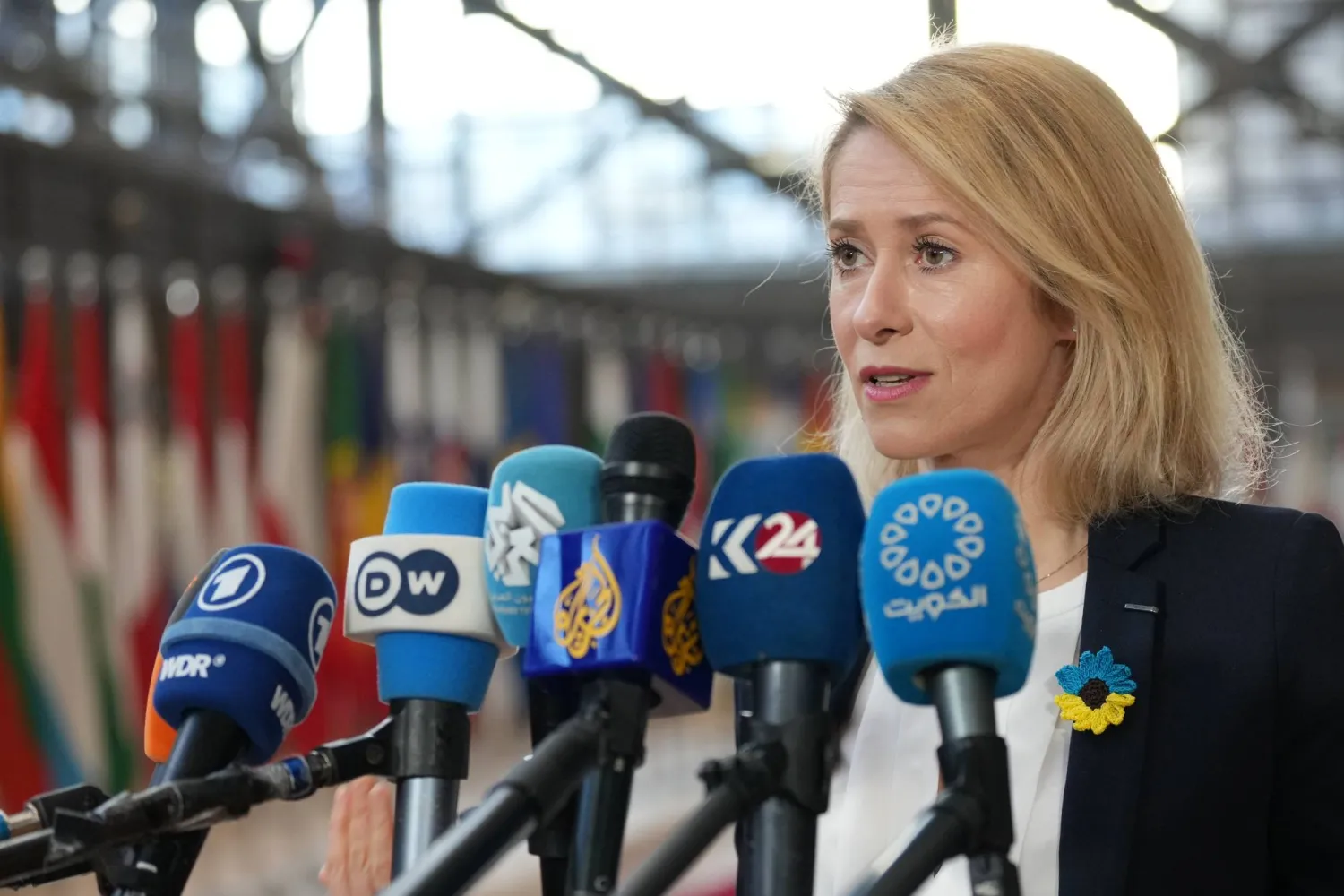 European Union foreign policy chief Kaja Kallas speaks with the media as she arrives for a meeting of EU foreign ministers at the European Council building in Brussels, Monday, Feb. 23, 2026. (AP)