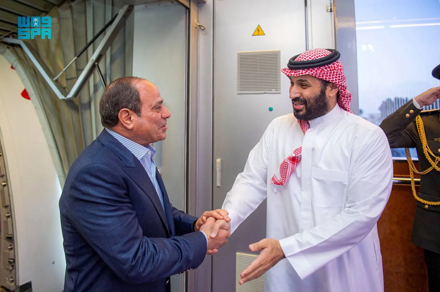 Prince Mohammed bin Salman, Crown Prince and Prime Minister, welcomes Egyptian President Abdel Fattah al-Sisi in Jeddah on Monday. (SPA)