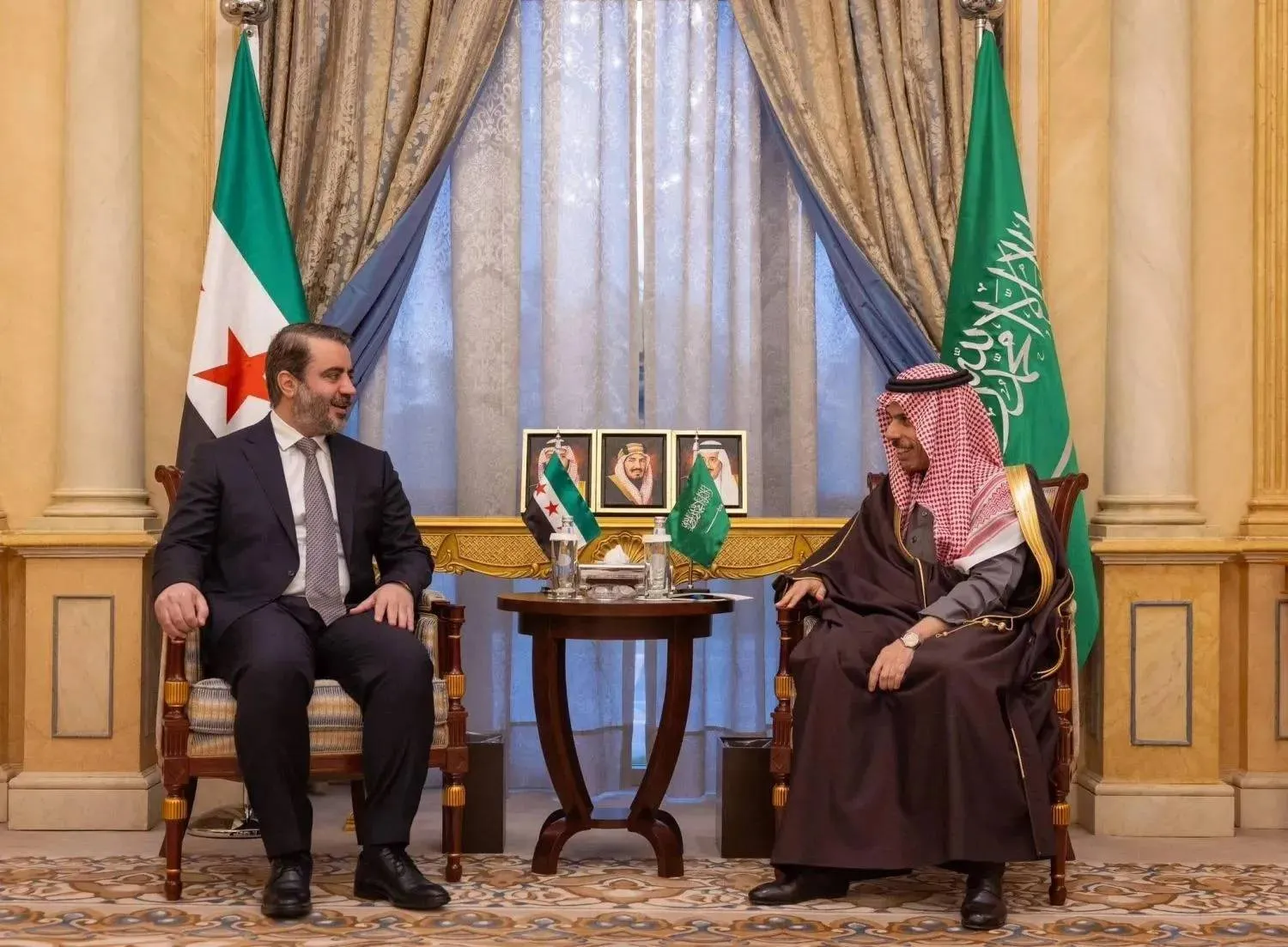 Saudi Minister of Foreign Affairs Prince Faisal bin Farhan bin Abdullah and Syrian FM Asaad al-Shaibani meet in Riyadh earlier in February. (Saudi Foreign Ministry) 
