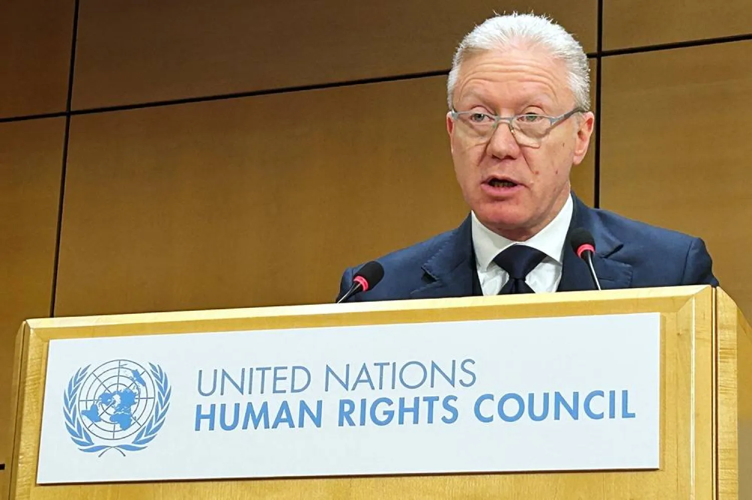  Lebanese Foreign Minister Youssef Raggi addresses the Human Rights Council in Geneva, Switzerland, Tuesday, Feb. 24, 2026. (AP) 