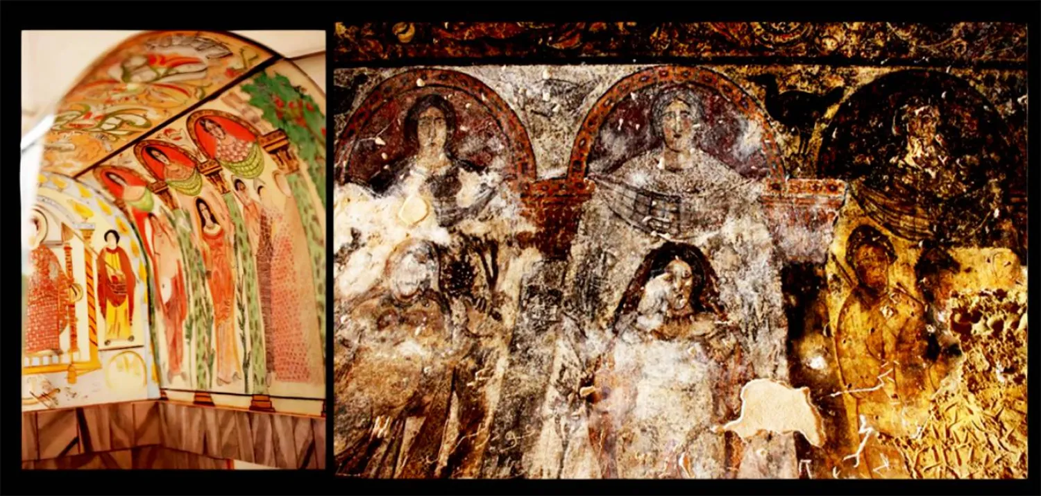 تفصيل من جدارية تزي_ن ركن العرش في قصير عمرة مع رسم توثيقي حديث لهذه الجدارية