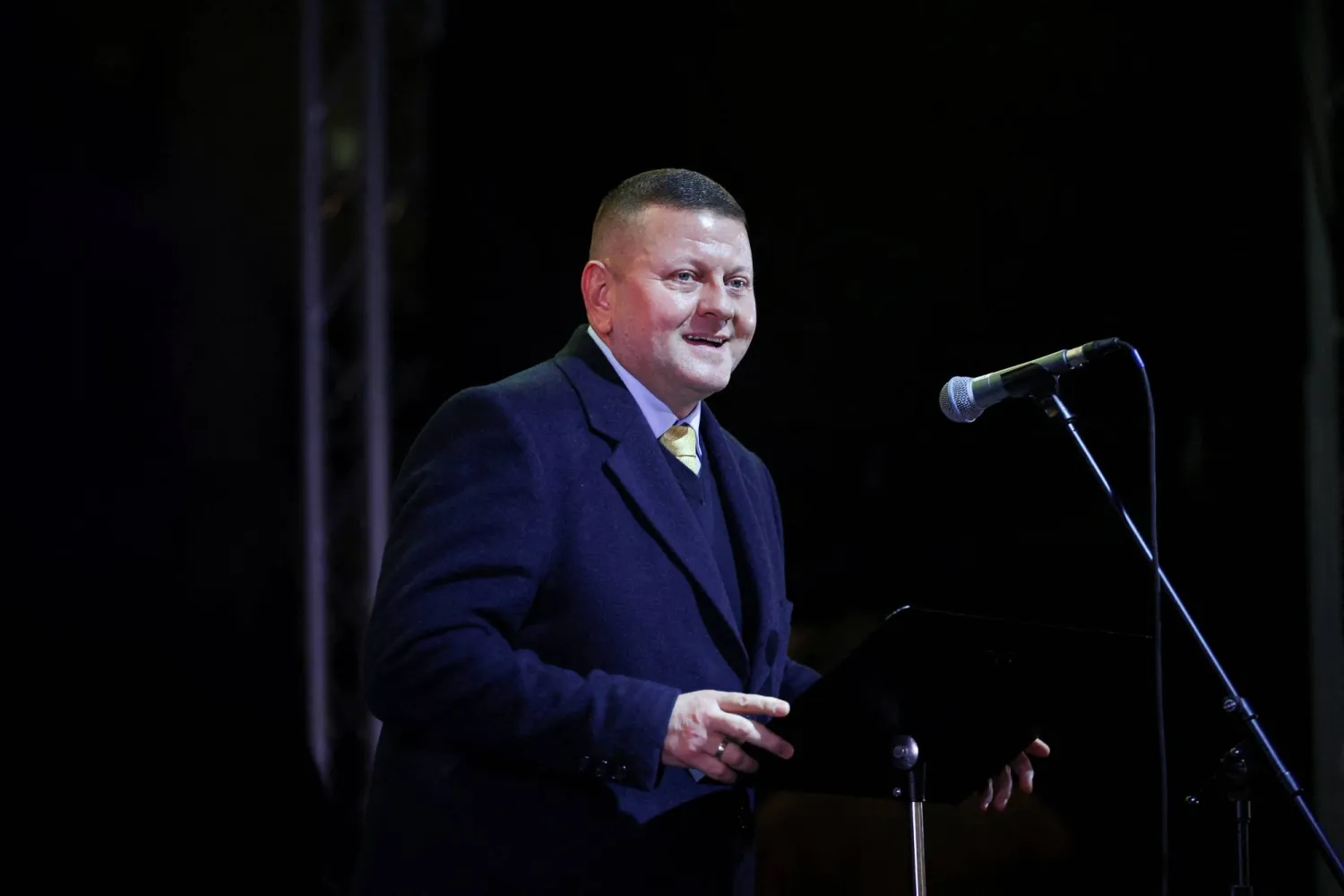 Valeriy Zaluzhnyi, Ukraine's Ambassador to the United Kingdom, speaks on stage as people gather in Trafalgar Square to mark the fourth anniversary of Russia's full-scale invasion of Ukraine, in London, Britain, February 24, 2026. (Reuters) 