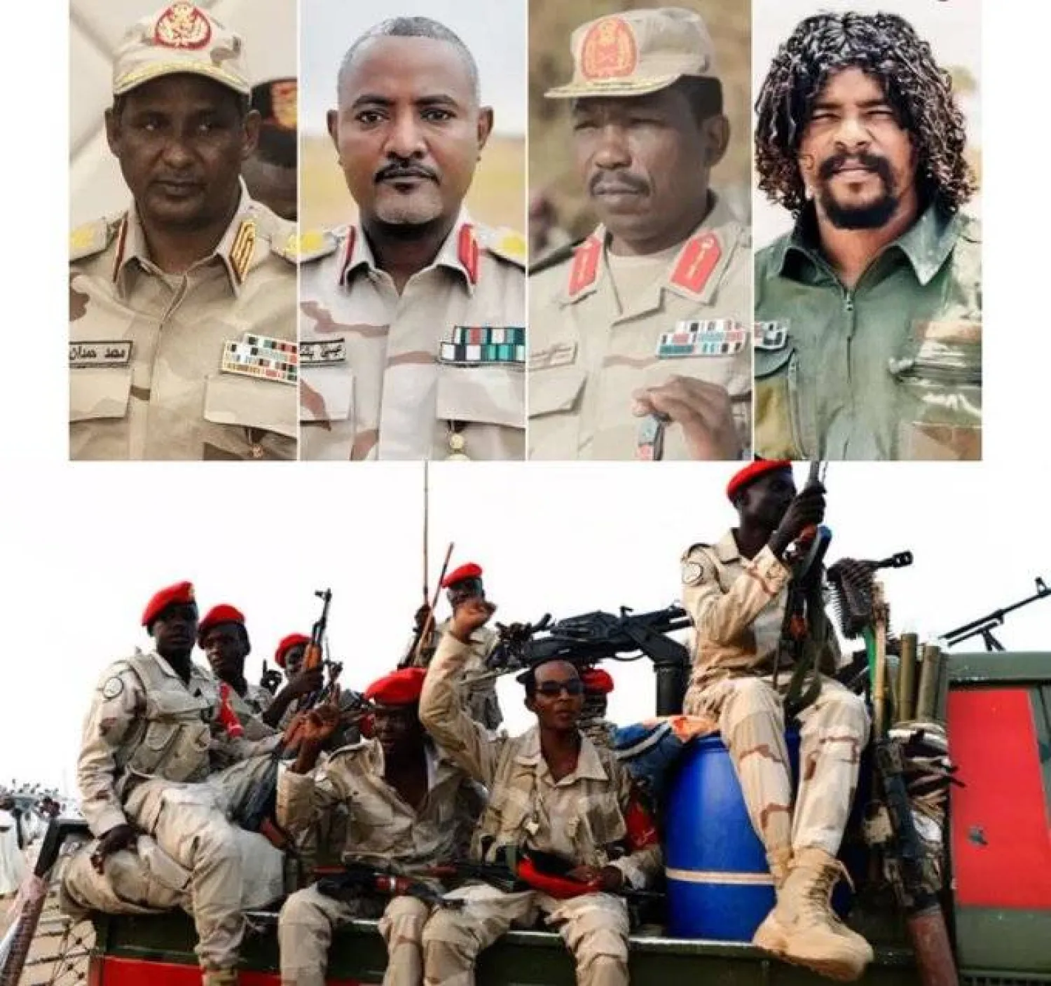  صورة مركّبة تظهر ثلاثة من الذين شملتهم العقوبات... ومعهم «حميدتي» الأول على يسار الصورة إضافة إلى مجموعة مقاتلين من «الدعم السريع» (إكس)