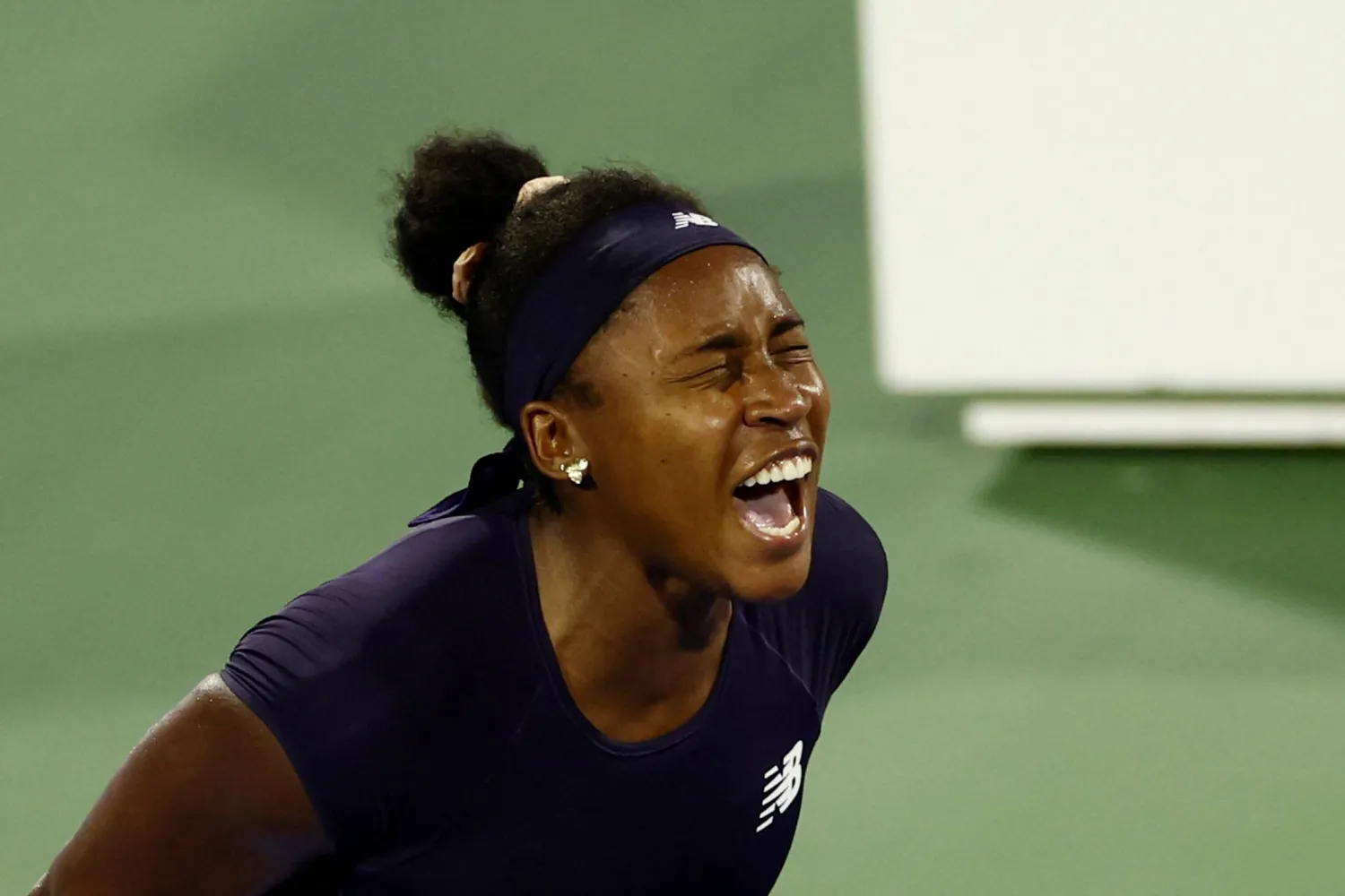 Tennis - WTA 1000 - Dubai Championships - Dubai Tennis Stadium, Dubai, United Arab Emirates - February 20, 2026 Coco Gauff of the US reacts during her semi final match against Ukraine's Elina Svitolina REUTERS/Amr Alfiky