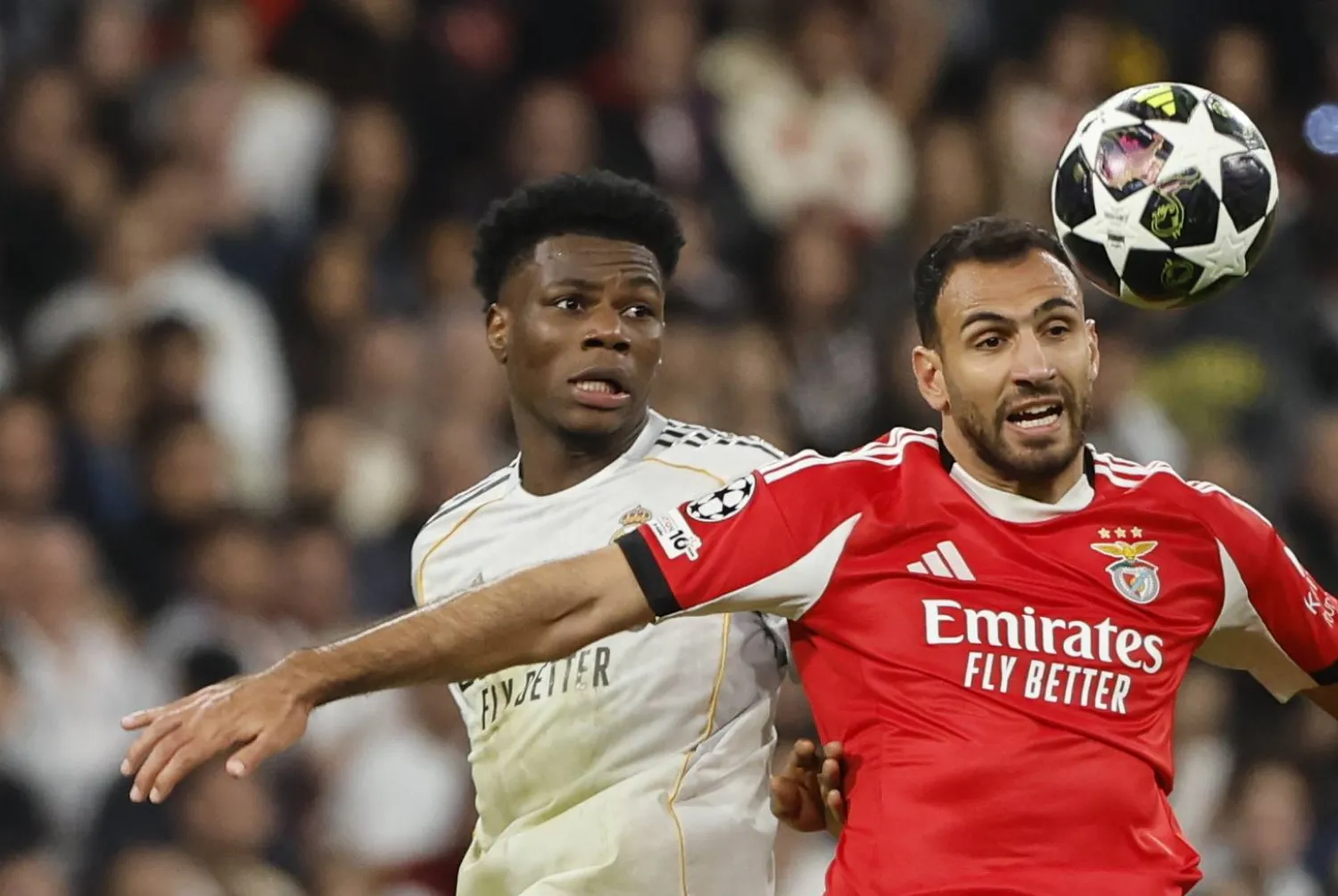 Real Madrid's Aurelien Tchouameni (L) and Benfica's Vangelis Pavlidis fight for the ball during the UEFA Champions League play-offs second leg soccer match between Real Madrid and Benfica in Madrid, Spain, 25 February 2026.  EPA/Sergio Perez