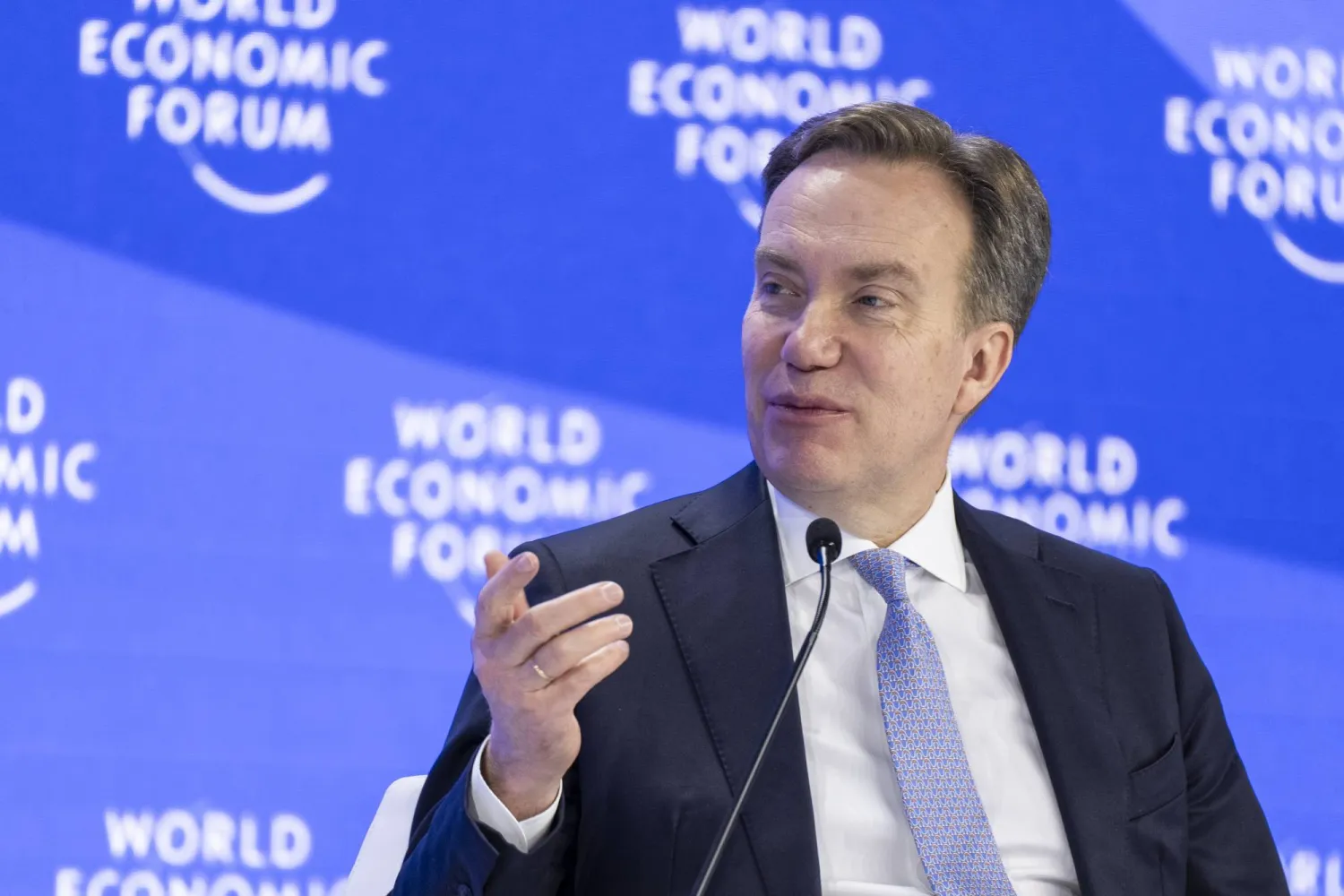 FILED - 21 January 2025, Switzerland, Davos: World Economic Forum president and CEO Borge Brende speaks during the Uncertain Times session at the World Economic Forum Annual Meeting. Photo: Faruk Pinjo/World Economic Forum/dpa