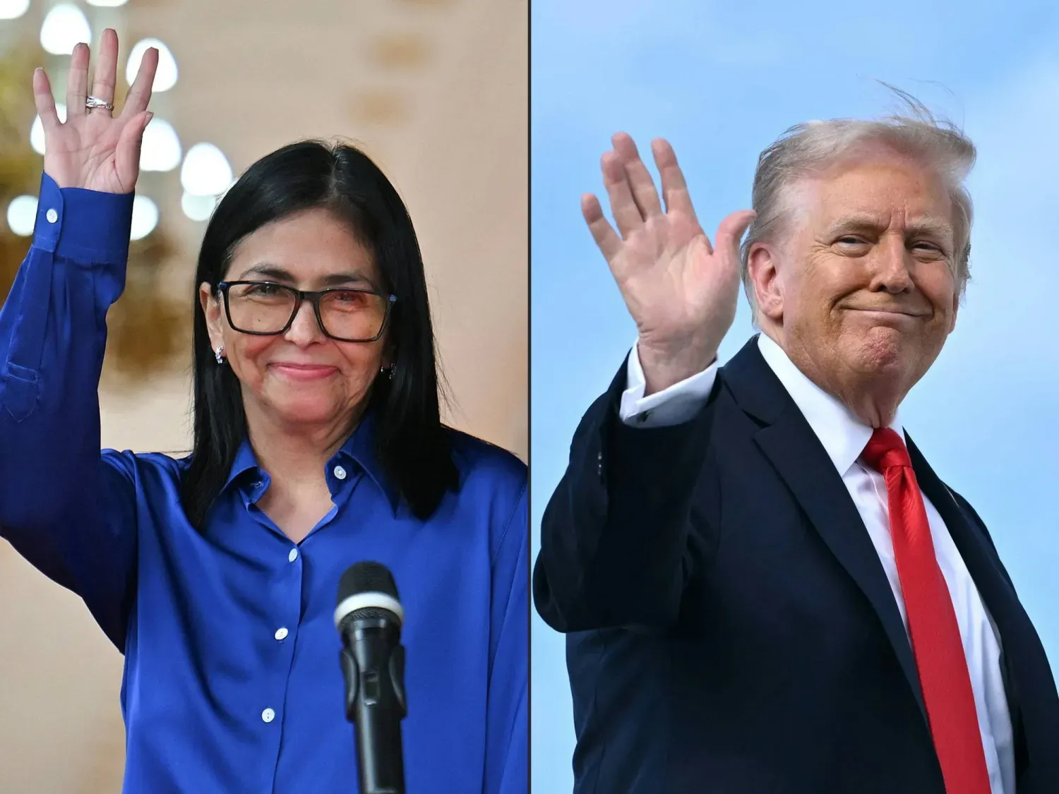 Venezuela'nın geçici Devlet Başkanı Delcy Rodriguez ve ABD Başkanı Donald Trump'ın birleştirilmiş fotoğrafı (AFP)