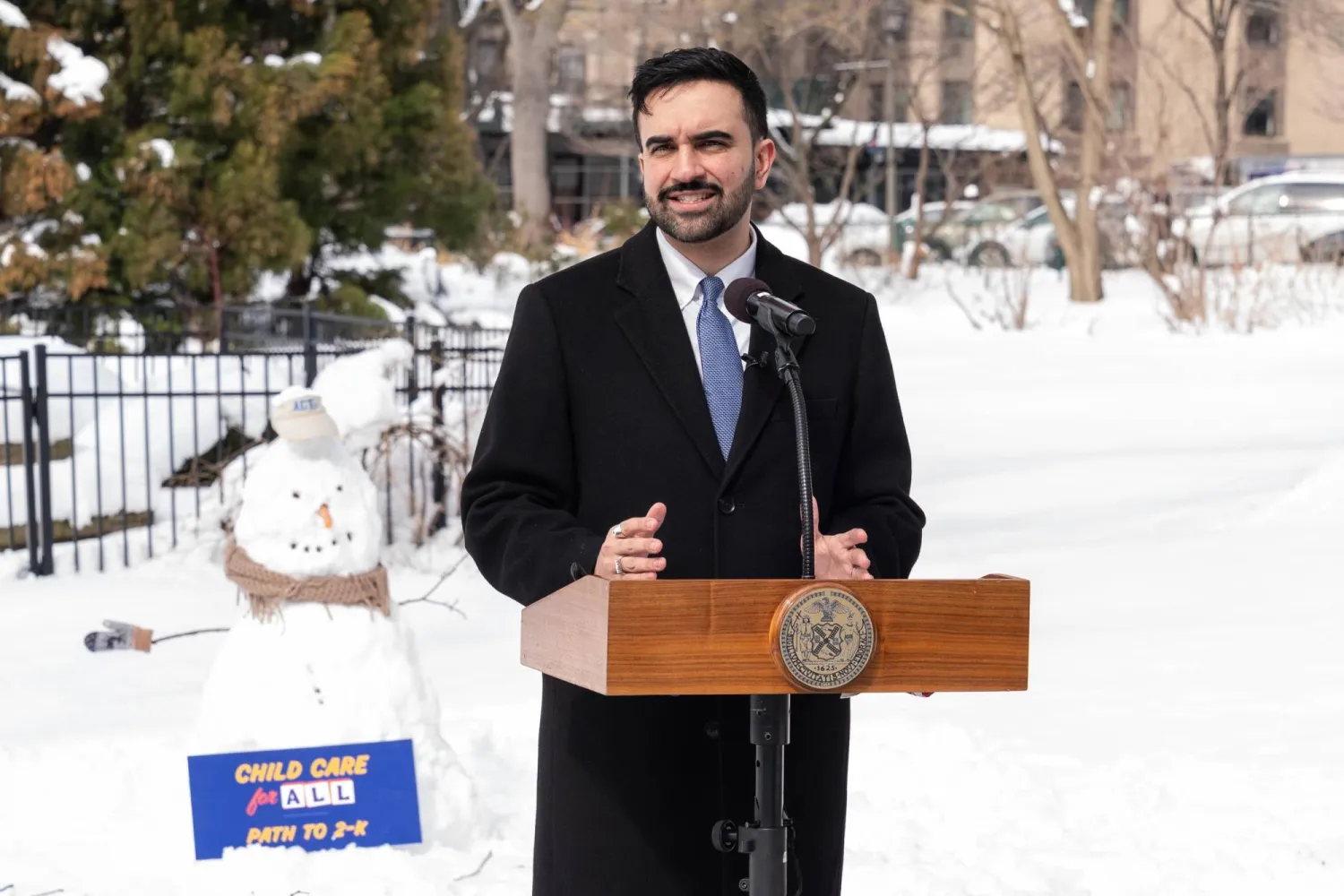 25 February 2026, US, New York: New York Mayor Zohran Mamdani holds press briefing at ACT child care center at St. John the Divine Cathedral. Photo: Lev Radin/ZUMA Press Wire/dpa