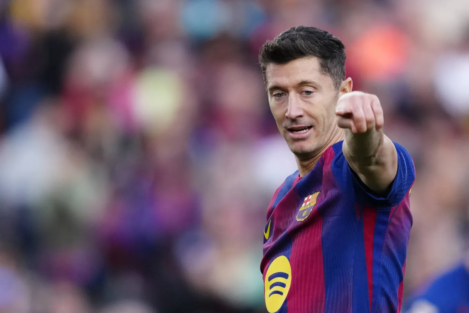 FC Barcelona striker Robert Lewandowski gestures during the Spanish La Liga match between FC Barcelona and Levante UD in Barcelona, Spain, 22 February 2026. (EPA)