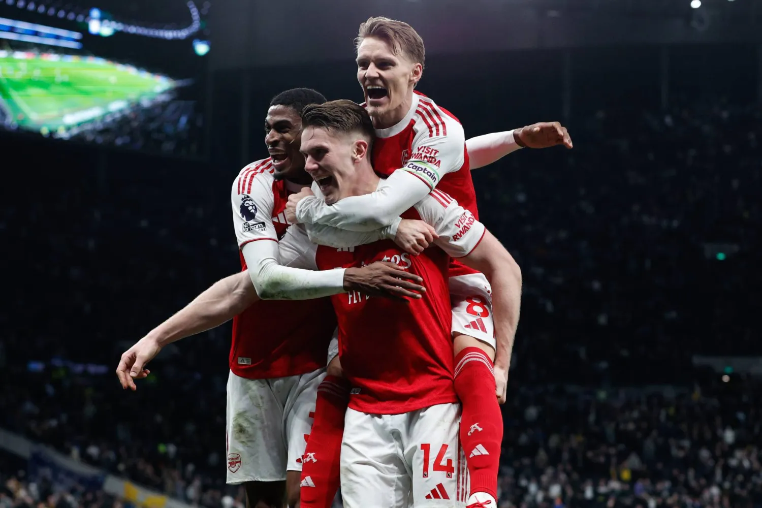 Viktor Gyokeres of Arsenal (C) celebrates scoring the 1-4 goal during the English Premier League match between Tottenham Hotspur and Arsenal FC, in London, Britain, 22 February 2026. (EPA)