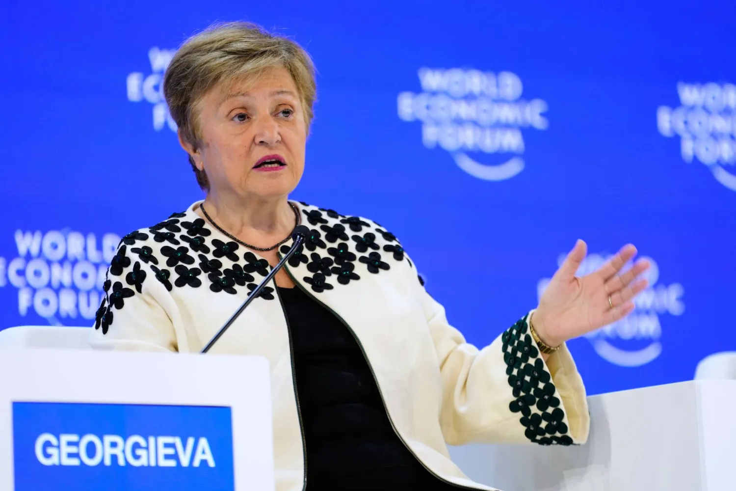 FILE - Kristalina Georgieva, Managing Director of the International Monetary Fund, attends the Annual Meeting of the World Economic Forum in Davos, Switzerland, Jan. 23, 2026. (AP Photo/Markus Schreiber, File)