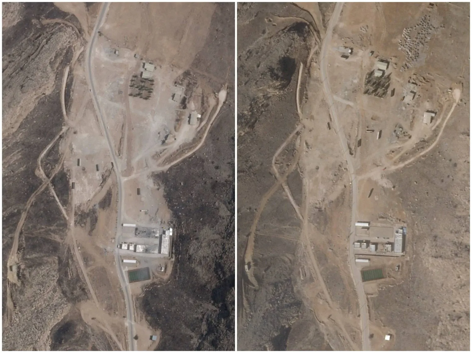 A combination picture of satellite images shows Shiraz South Missile Base in Shiraz South, Iran, before reconstruction, July 3, 2025 (LEFT), and after reconstruction and clearance efforts, January 30, 2026. Planet Labs PBC/Handout via REUTERS 