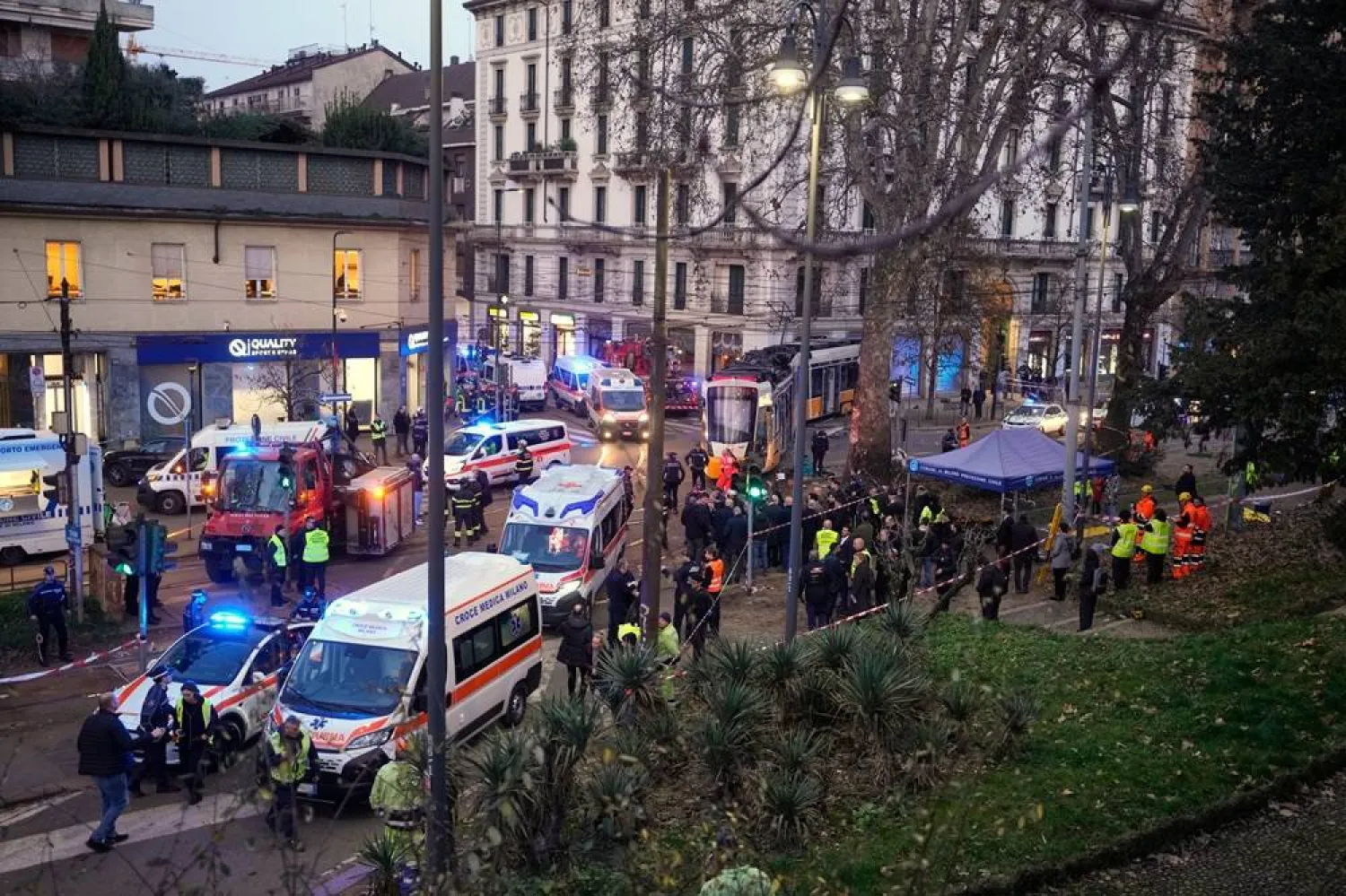 Emergency services work at the scene of a derailment on Line 9 in Milan, Italy, Friday, Feb. 27, 2026. (AP)