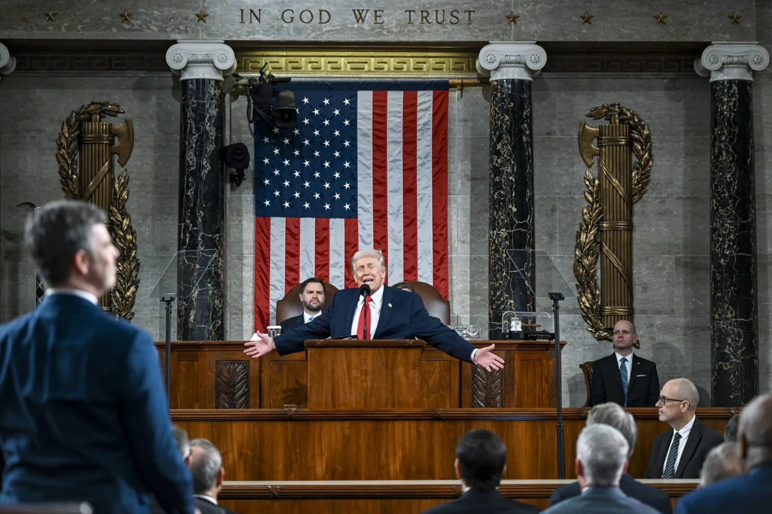  US President Donald J. Trump delivers the first State of the Union address of his second term to a joint session of Congress in the House Chamber of the US Capitol in Washington, DC, USA, 24 February 2026.  EPA/KENNY HOLSTON 