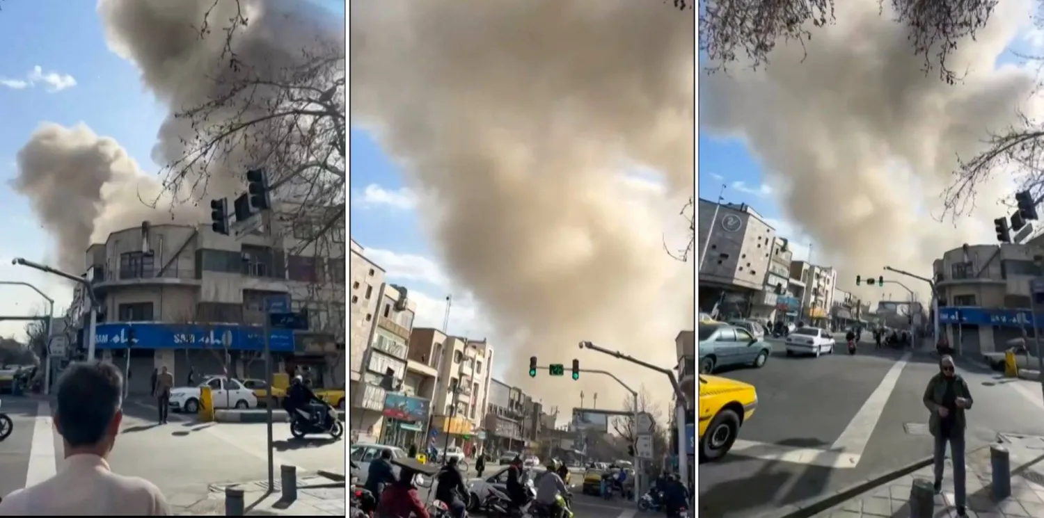 This combination of video grabs taken from UGC images posted on social media on February 28, 2026, and verified by AFPTV teams in Paris, show a reported explosion in Tehran.  (Photo by various sources / AFP) 