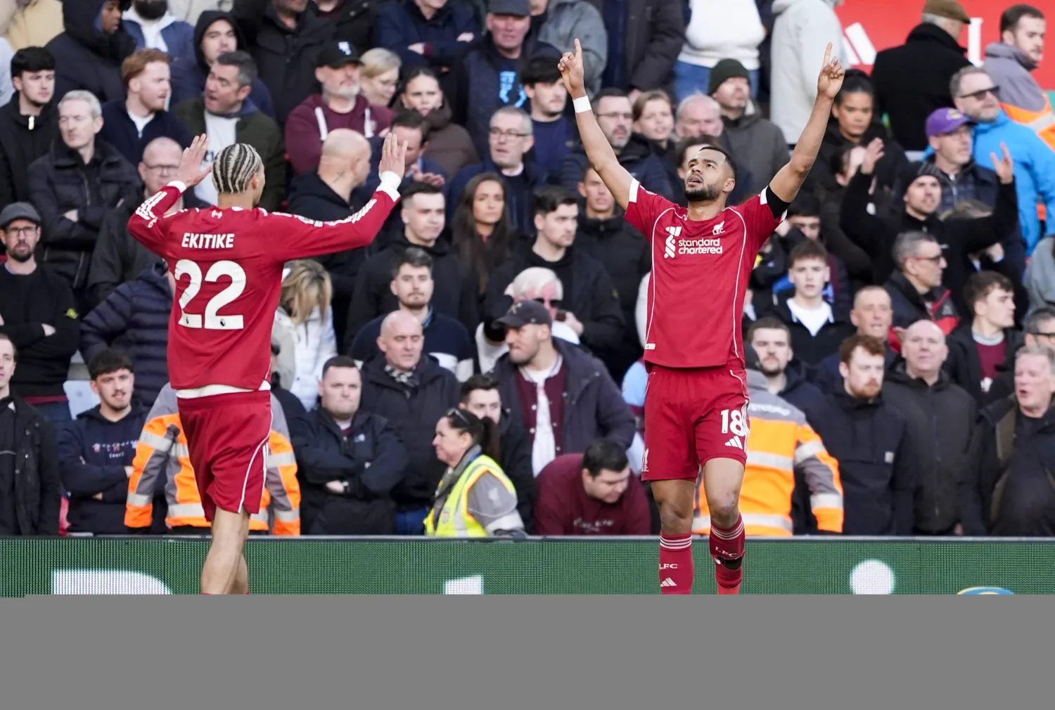 28 February 2026, United Kingdom, Liverpool: Liverpool's Cody Gakpo celebrates scoring his sides fourth goal during the English Premier League soccer match between Liverpool and West Ham United at Anfield. Photo: Peter Byrne/PA Wire/dpa