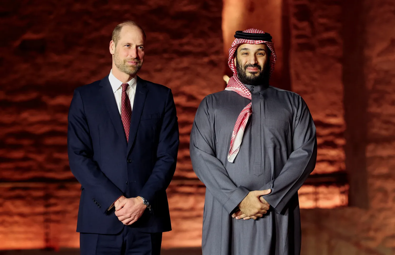 Prince Mohammed bin Salman, Saudi Crown Prince and Prime Minister, and Britain's Prince William, Prince of Wales pose for a photograph at the UNESCO World Heritage site At-Turaif, February 9, 2026, in Riyadh, Saudi Arabia. (Reuters) 