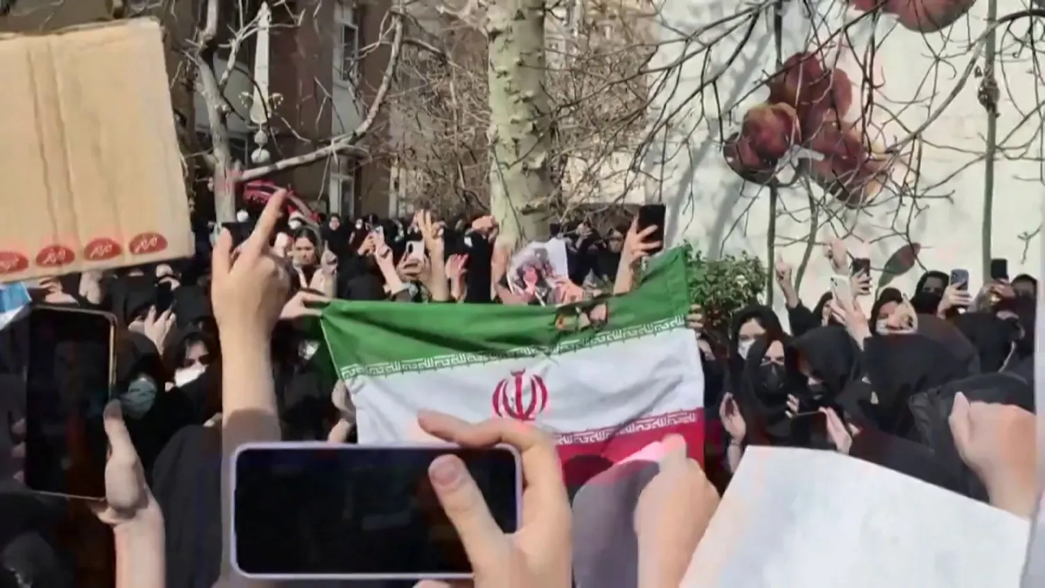 This video grab taken from UGC images posted on social media on February 23, 2026, and verified by AFPTV teams in Paris, shows students gathering for an anti-government rally at the all-female Alzahra university in Tehran. (UGC / AFP) 