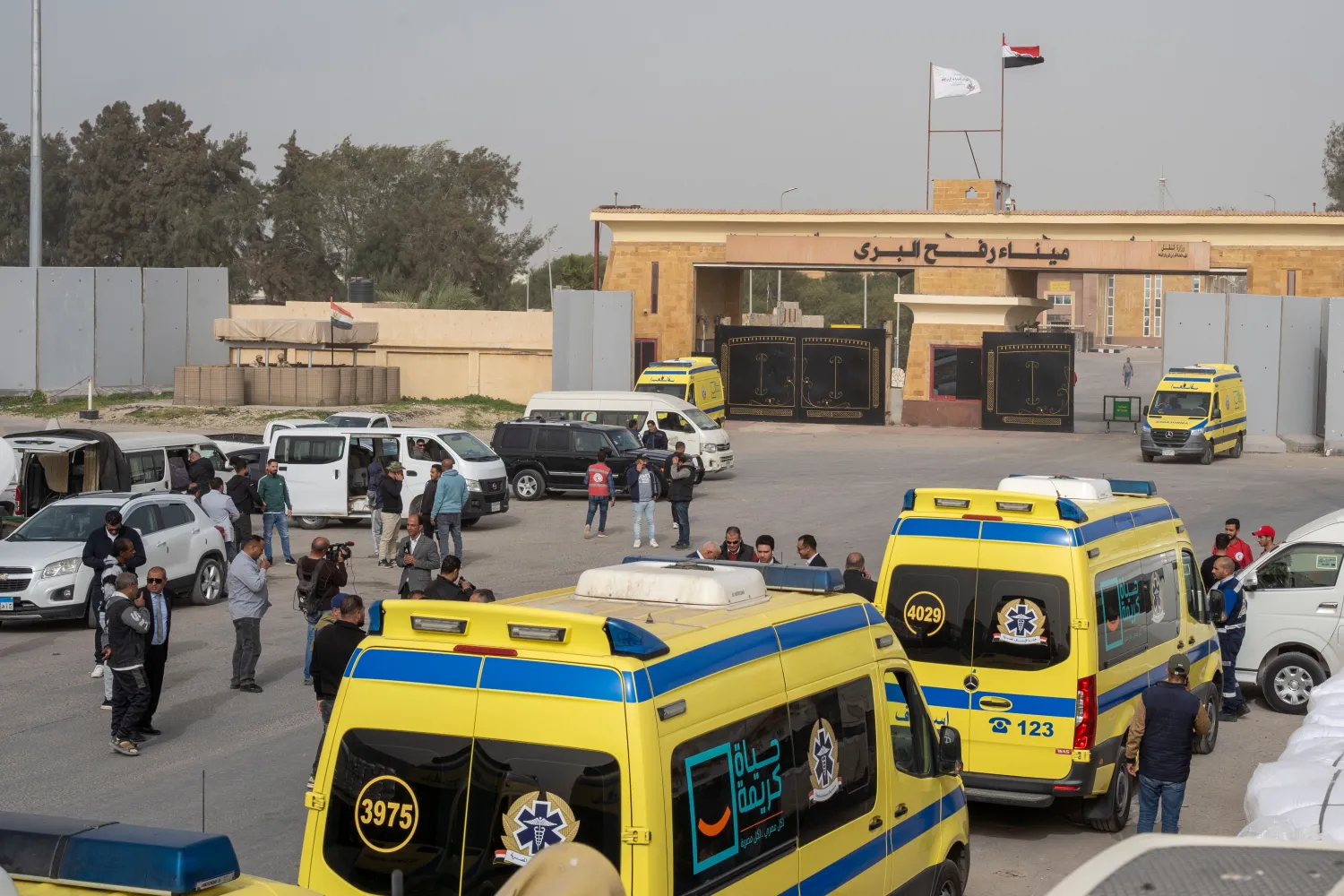 Ambulances line up to enter the Egyptian gate of the Rafah crossing into the Gaza Strip, in Rafah, Egypt, Monday, Feb. 2, 2026. (AP) 