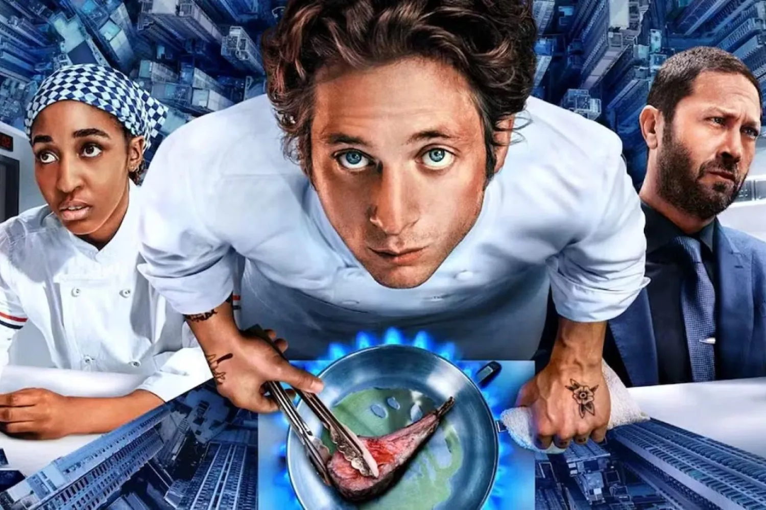 35 yaşındaki Amerikalı yıldız Jeremy Allen White (ortada), The Bear'da ağabeyinin ölümünün ardından ailesinin iflasın eşiğindeki sandviç dükkanını işletmek için Şikago'daki evine dönen tanınmış şef Carmy rolünde (FX / Hulu)