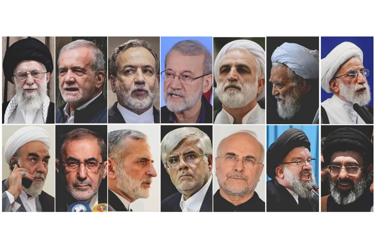 This combo of file photos show Iran's key political and religious figures, top row, from left, Supreme Leader Ali Khamenei, President Masoud Pezeshkian, Foreign Minister Abbas Araghchi, Khamenei Adviser on Public Policy Ali Larijani, Chief Justice Gholam Hossein Mohseni Ejehi, Head of Assembly Experts Mohammad-Ali Movahedi Kermani and Secretary of Guardian Council Ahmad Jannati, bottom row, from left, Khamenei's Chief of Staff Mohammad Golpayegani, Khamenei Adviser on International Affairs Ali Akbar Velayati, Khamenei Adviser on Foreign Policy Kamal Kharazi, First Vice President Mohammad Reza Aref, Parliament Speaker Mohammad Bagher Ghalibaf, Tehran Friday Prayer Imam Ahmad Khatami and Son of Supreme Leader Mojtaba Khamenei. (AP Photo/File) 