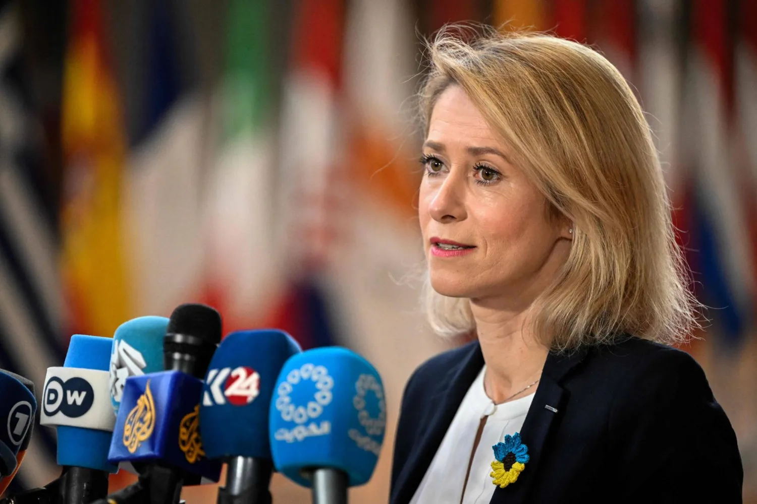  EU High Representative and Vice-President for Foreign Affairs and Security Policy Kaja Kallas speaks to the press as she arrives for the EU Foreign Affairs Council in Brussels on February 23, 2026. (AFP) 