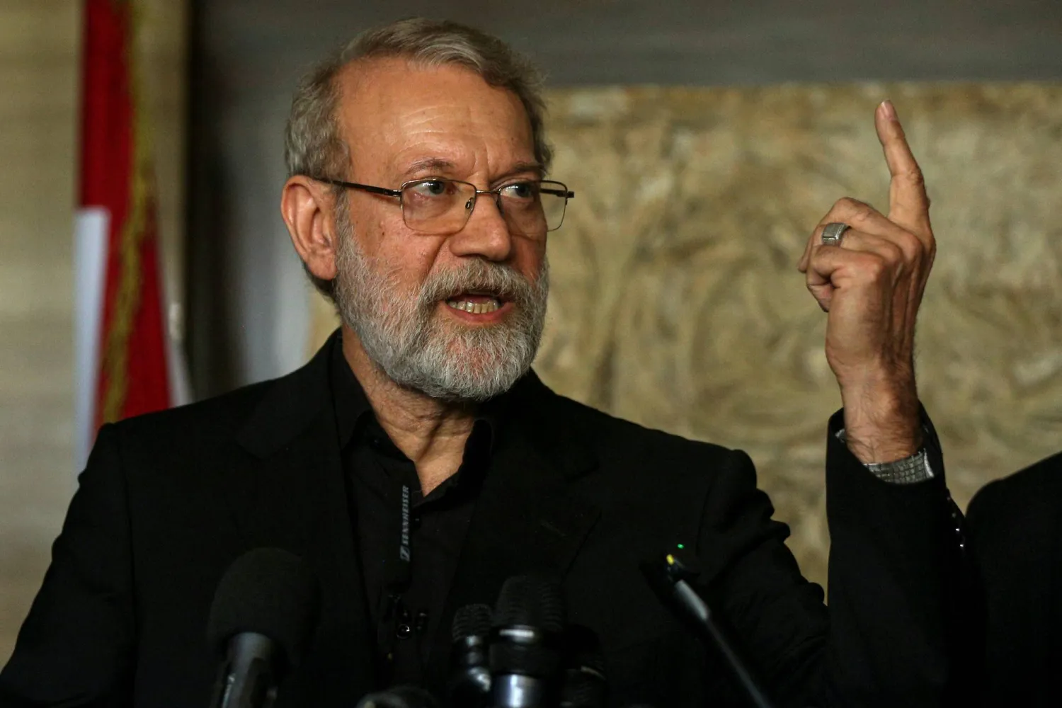 13 August 2025, Lebanon, Beirut: Ali Larijani, Secretary of Iran's Supreme National Security Council, speaks during a press conference after meeting with Lebanese Speaker of the Parliament Nabih Berri in Beirut. Photo: Marwan Naamani/ZUMA Press Wire/dpa