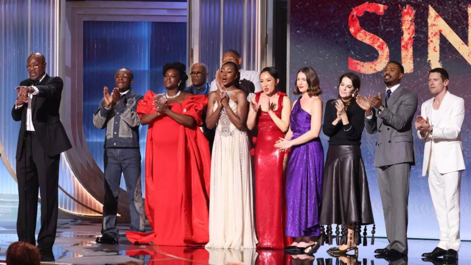 Delroy Lindo (L) speaks for the cast of 'Sinners' as they won the top Actor Award for best cast in a motion picture from the Screen Actors Guild. VALERIE MACON / AFP
