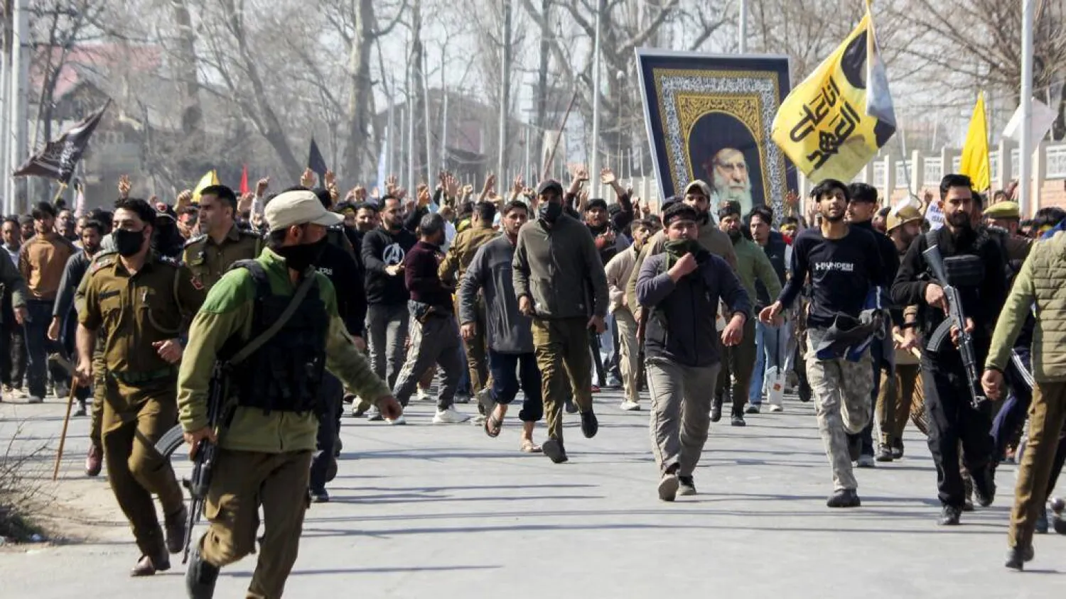 Demonstrators hold a portrait of Iran's late supreme leader Ali Khamenei in Srinagar on March 2, 2026 after restrictions were imposed amid protests over his death by US-Israel strikes. Habib NAQASH / AFP
