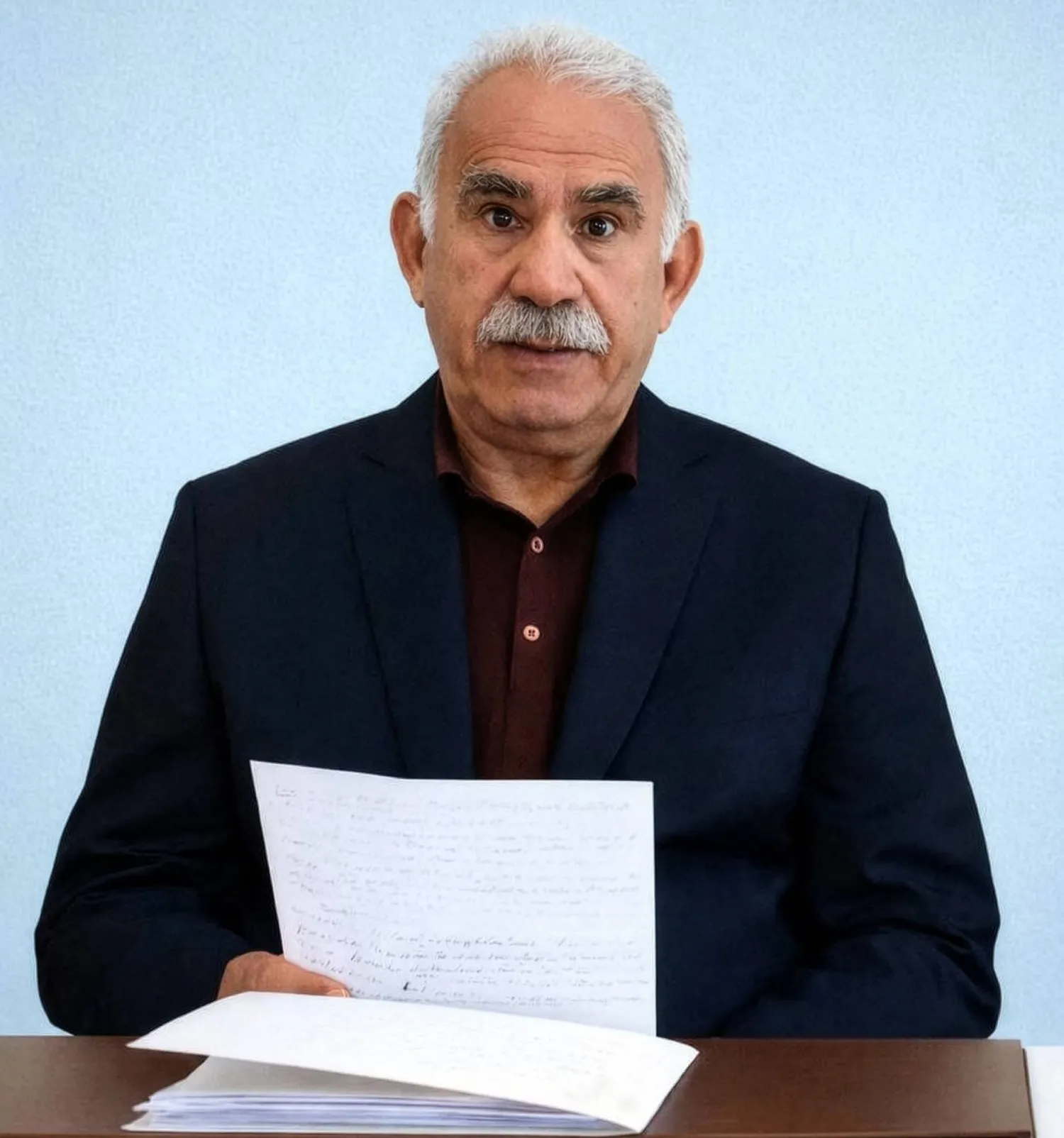 صورة لزعيم «حزب العمال الكردستاني» السجين في تركيا عبد الله أوجلان خلال قراءة رسالته بمناسبة مرور عام على دعوته «الحزبَ» لحل نفسه يوم 27 فبراير 2025... عُرضت في مؤتمر صحافي بأنقرة يوم الجمعة الماضي (أ.ف.ب)