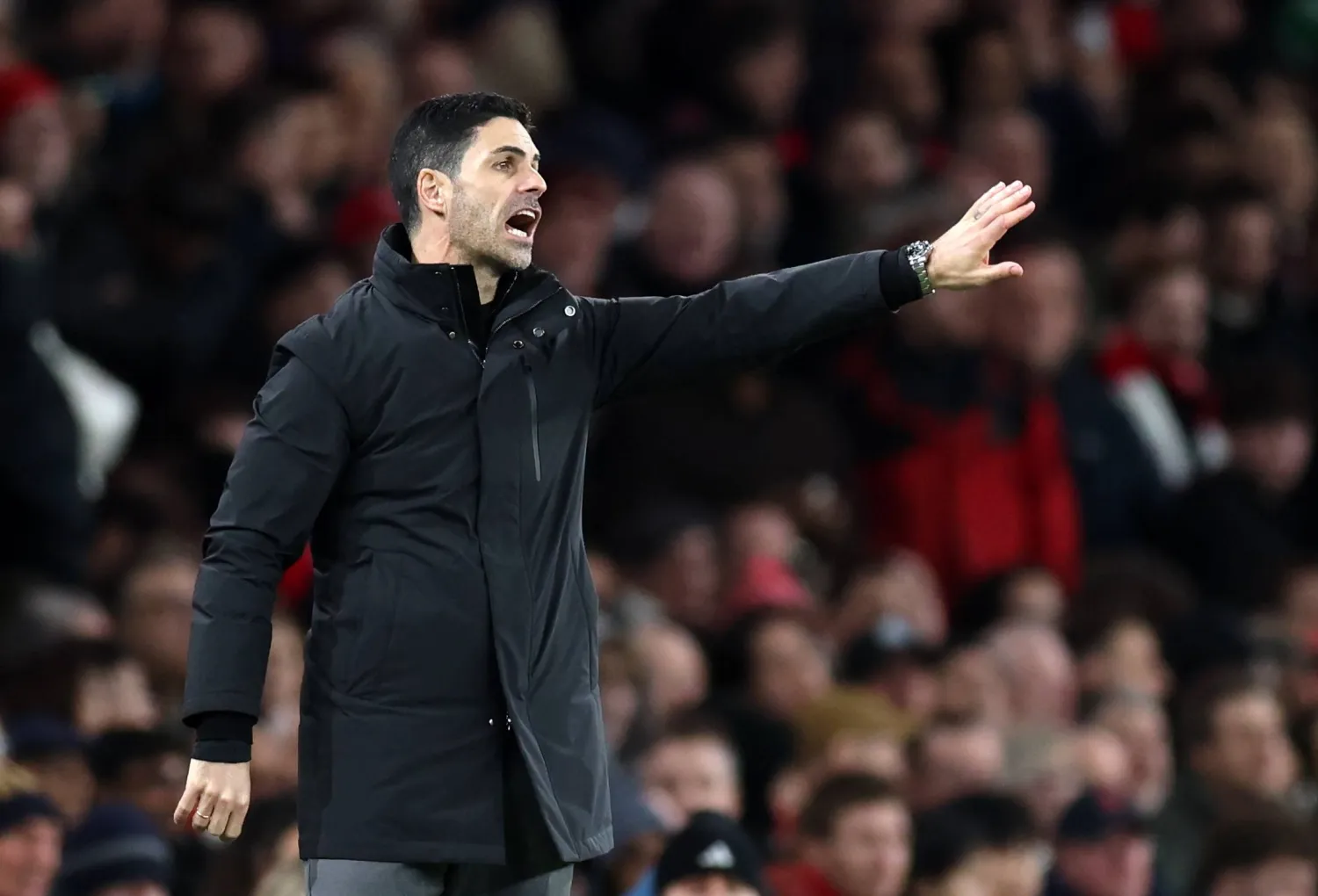 Arsenal manager Mikel Arteta gestures during the English Premier League match between Arsenal FC and Chelsea FC in London, Britain, 01 March 2026. (EPA)