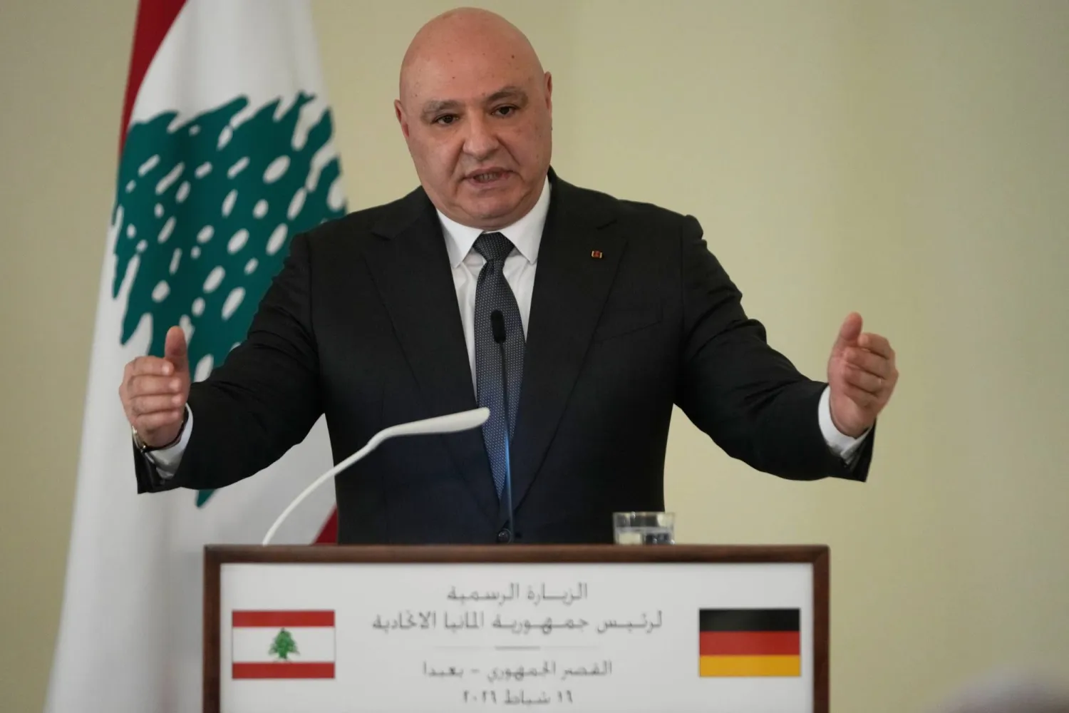 Lebanese President Joseph Aoun speaks during a joint press conference with his German counterpart Frank-Walter Steinmeier, not pictured, at the presidential palace in Baabda, east of Beirut, Lebanon, Monday, Feb. 16, 2026. (AP Photo/Hussein Malla)