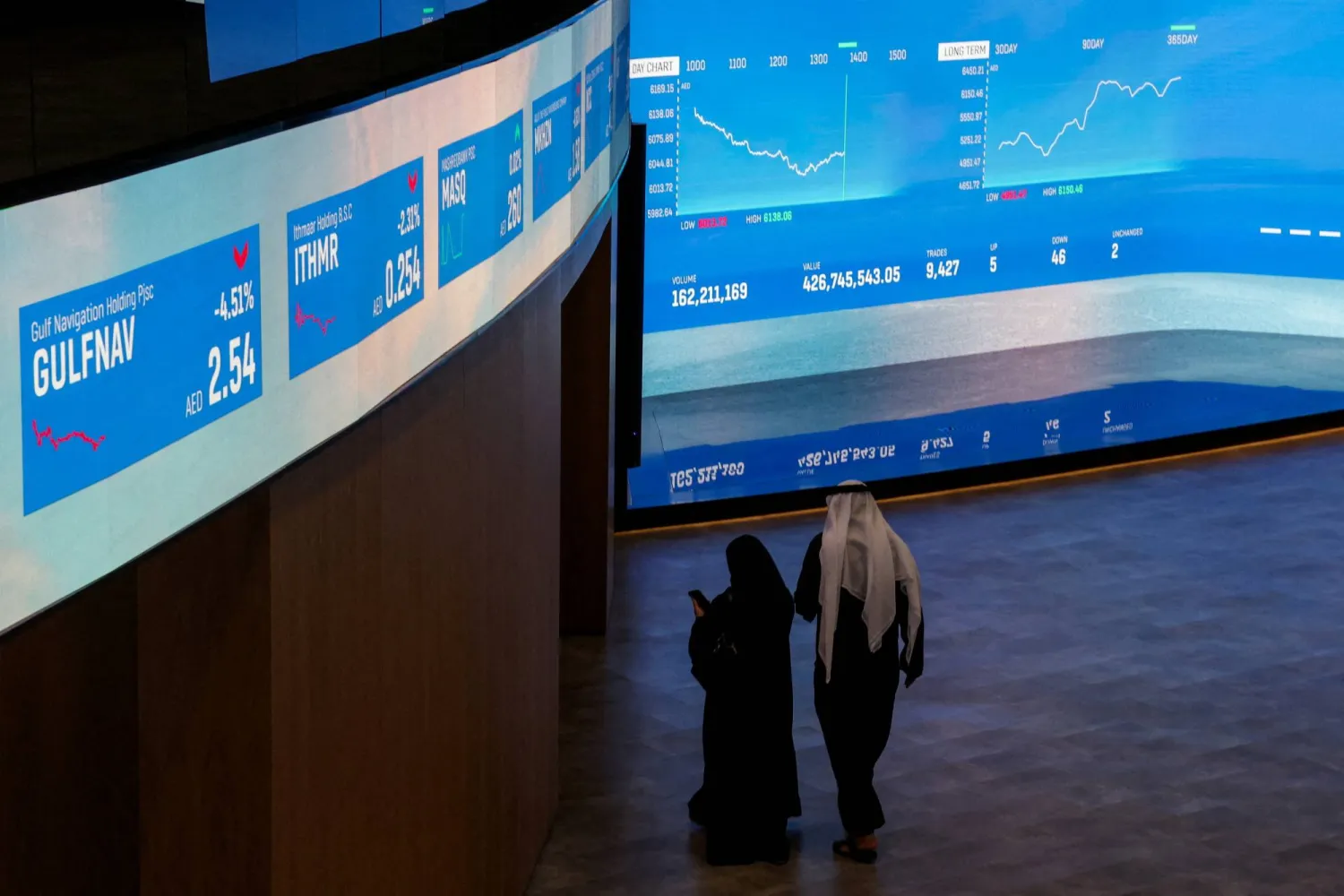 People walk near screens displaying stock information at the Dubai Financial Market, in Dubai, United Arab Emirates, December 30, 2025. REUTERS/Amr Alfiky