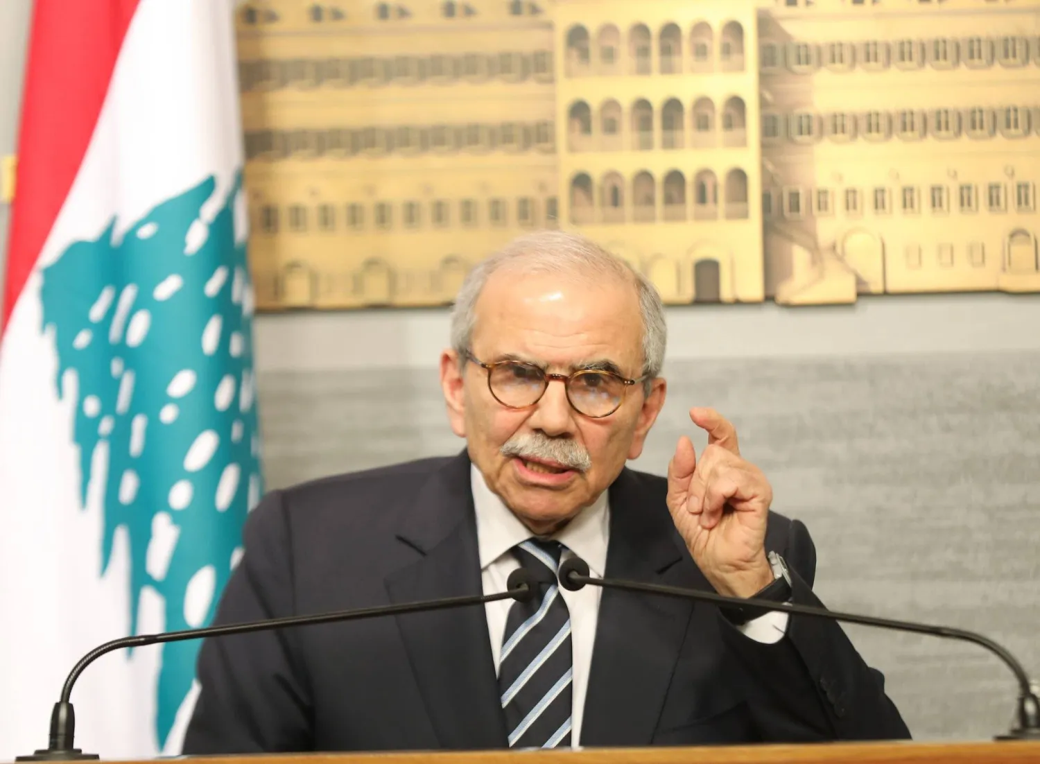 Lebanese Prime Minister Nawaf Salam delivers a speech at the Government Palace on Friday evening (Presidency of the Council of Ministers)