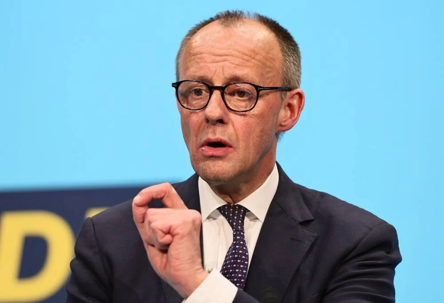 German Chancellor Friedrich Merz delivers a speech during a campaign event of the Christian Democratic Union (CDU) party for the state election of Baden-Wuerttemberg in Stockach, Germany, 06 March 2026. (EPA)