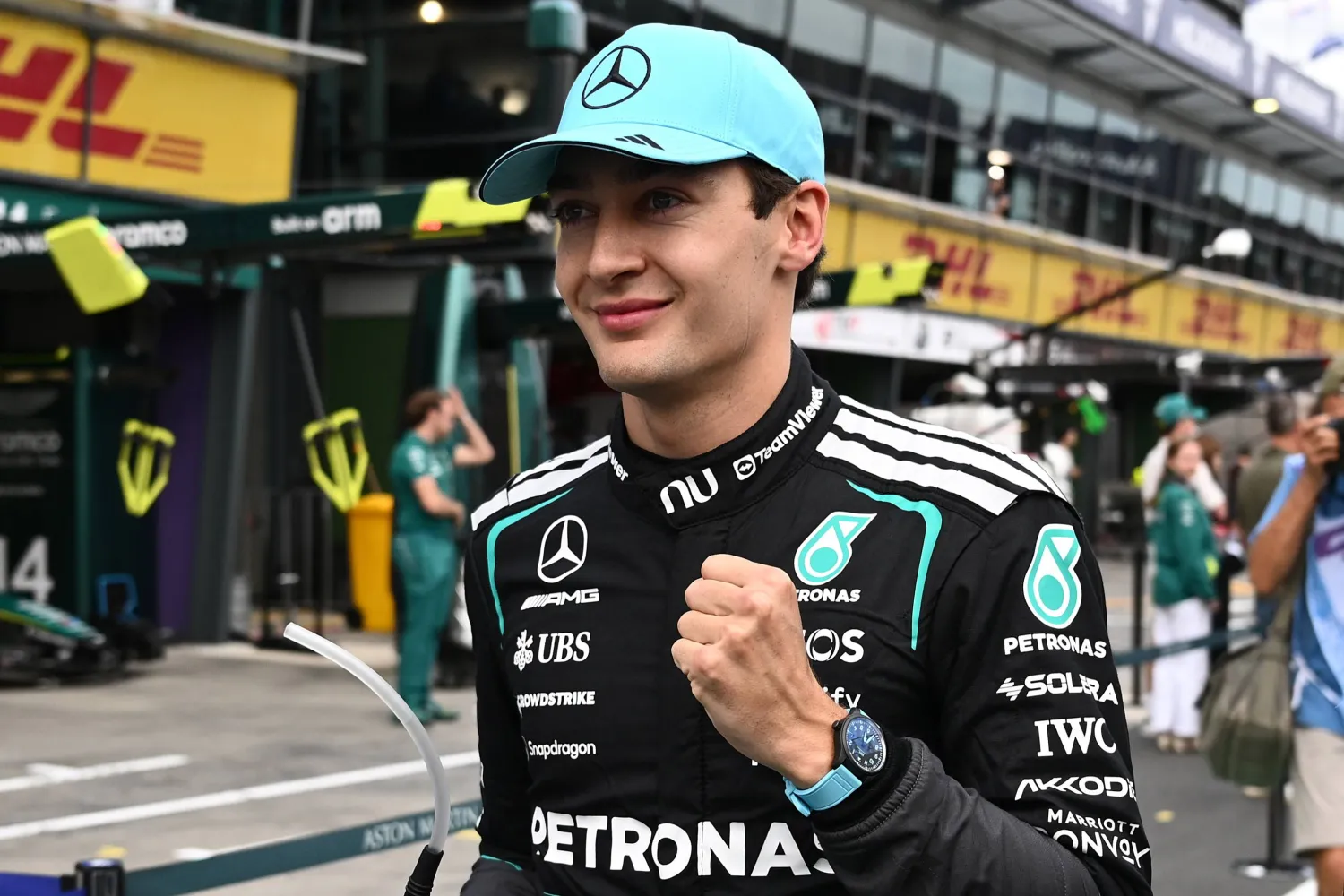 George Russell of Mercedes celebrates taking pole position following Qualifying as part of the 2026 Australian Grand Prix at Albert Park Circuit in Melbourne, Australia, 07 March 2026. (EPA)