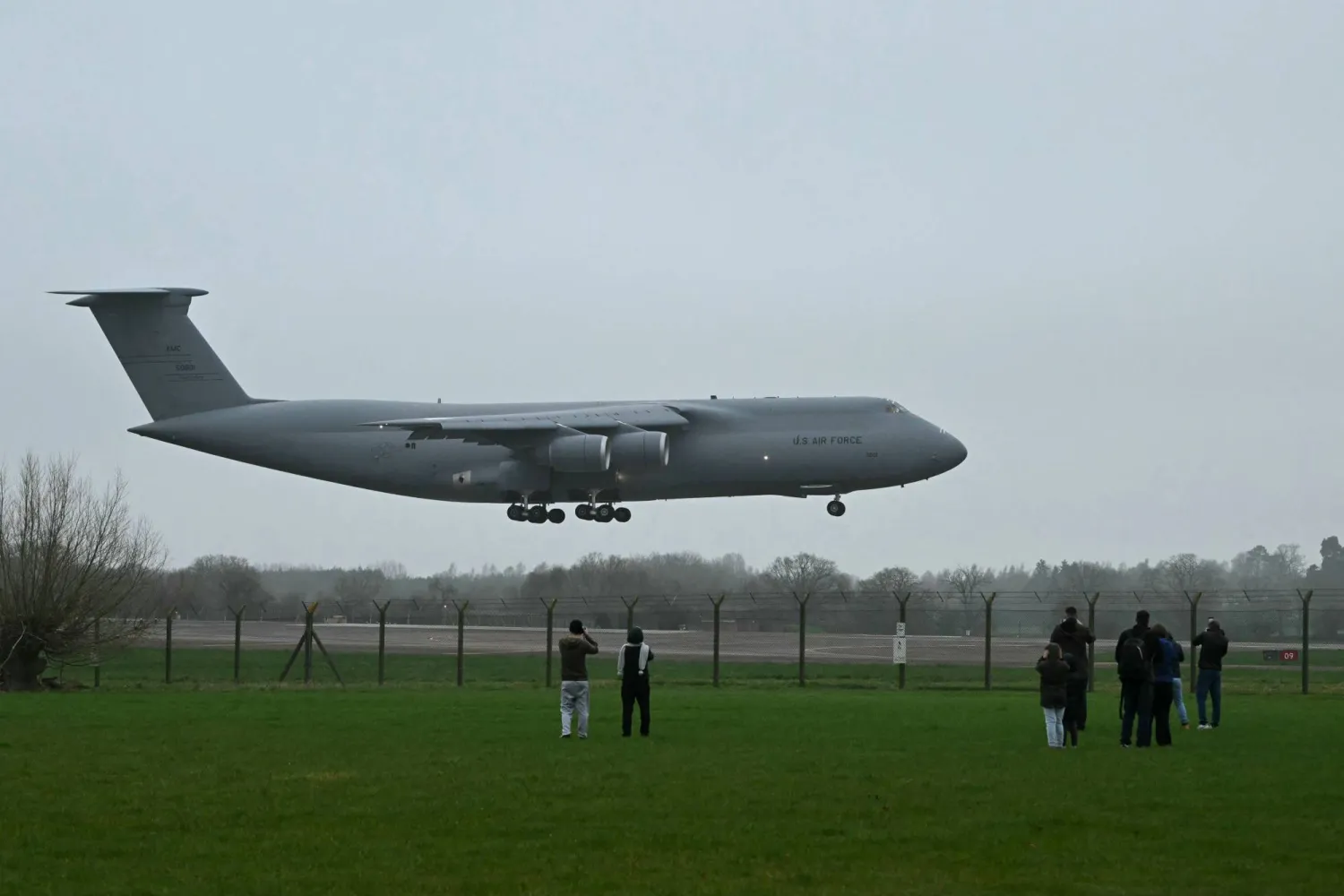 A US Air Force C-5 Galaxy lands at RAF Fairford in south west England on March 6, 2026. (AFP)