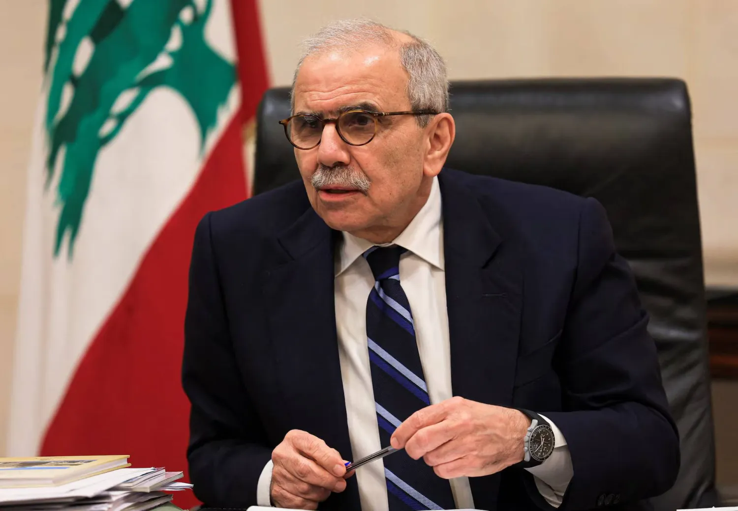 Lebanese Prime Minister Nawaf Salam speaks to reporters at the Grand Serail in Beirut, December 3, 2025. (Reuters) 
