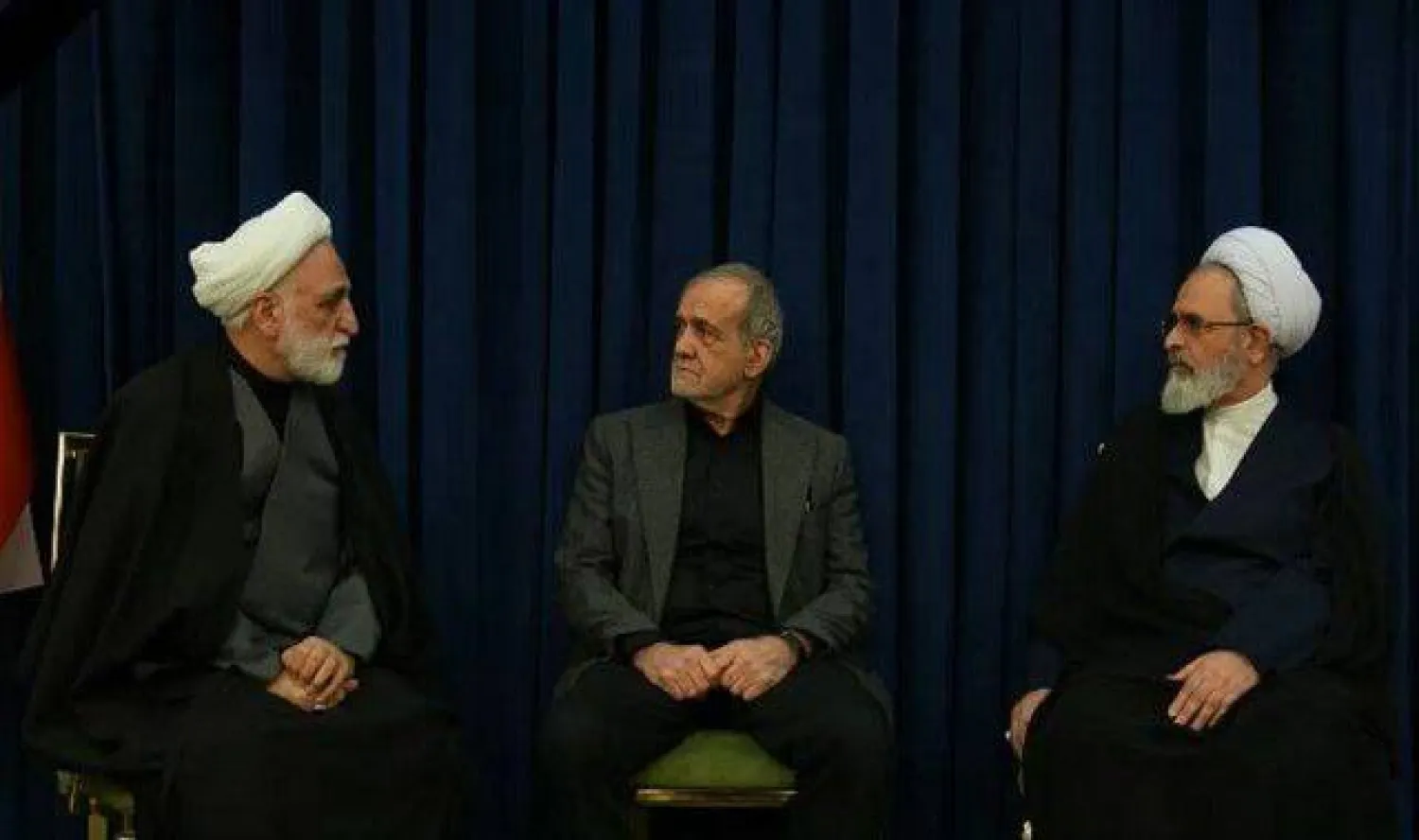 Iranian President Masoud Pezeshkian attends a leadership council meeting with judiciary chief Gholamhossein Mohseni-Ejei and Guardian Council member Ali Reza Arafi last week. (Iranian Presidency)