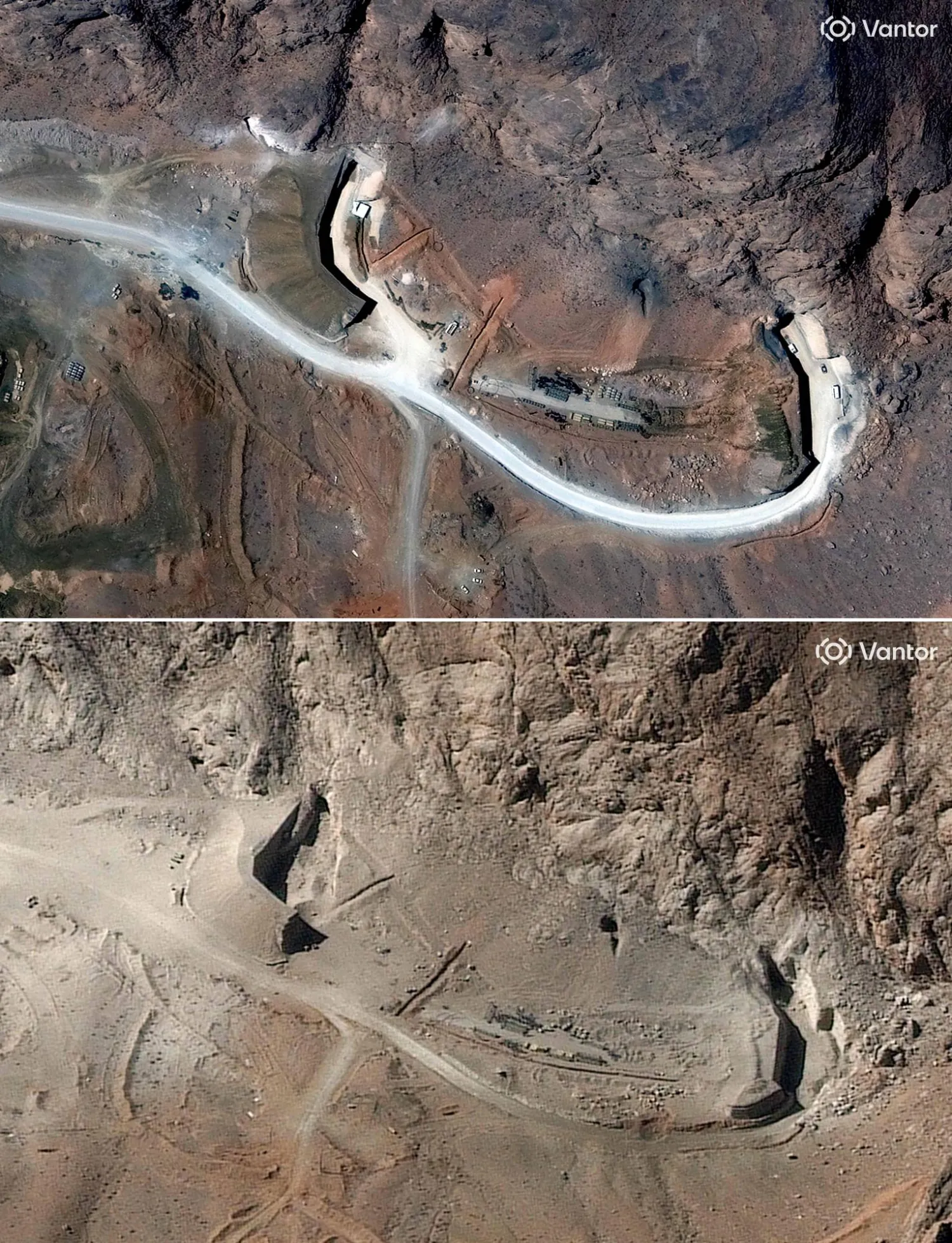 صورة مركبة تُظهر صورتين فضائيتين من شركة فانتور لمداخل أنفاق بمجمع أصفهان الصاروخي بوسط إيران 27 فبراير 2026 (أعلى) وفي 8 مارس 2026 (أسفل) عقب غارة جوية (أ.ف.ب)