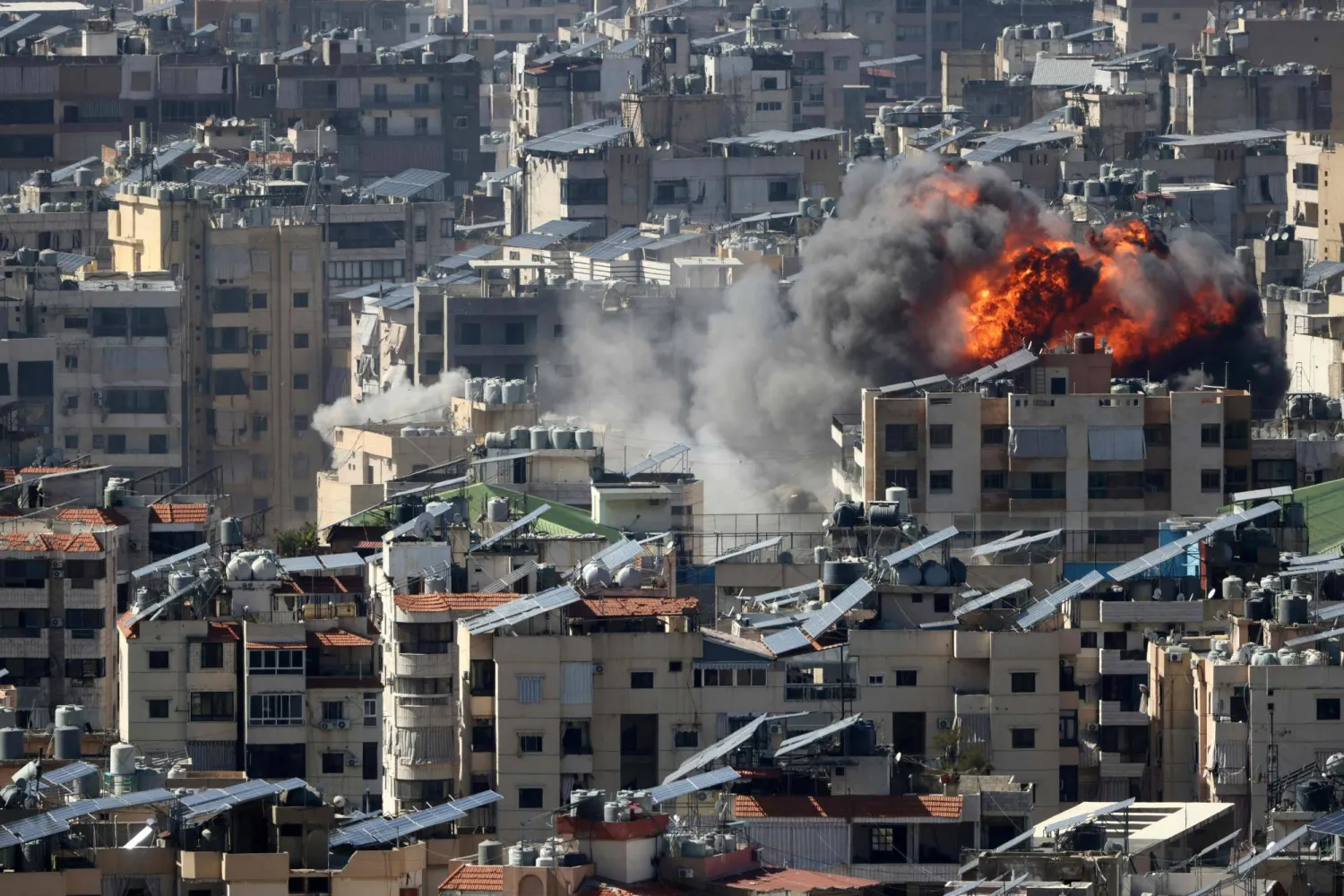 A fireball rises from the site of an Israeli air strike in the southern suburbs of the Lebanese capital Beirut on March 9, 2026. (Photo by Ibrahim AMRO / AFP)