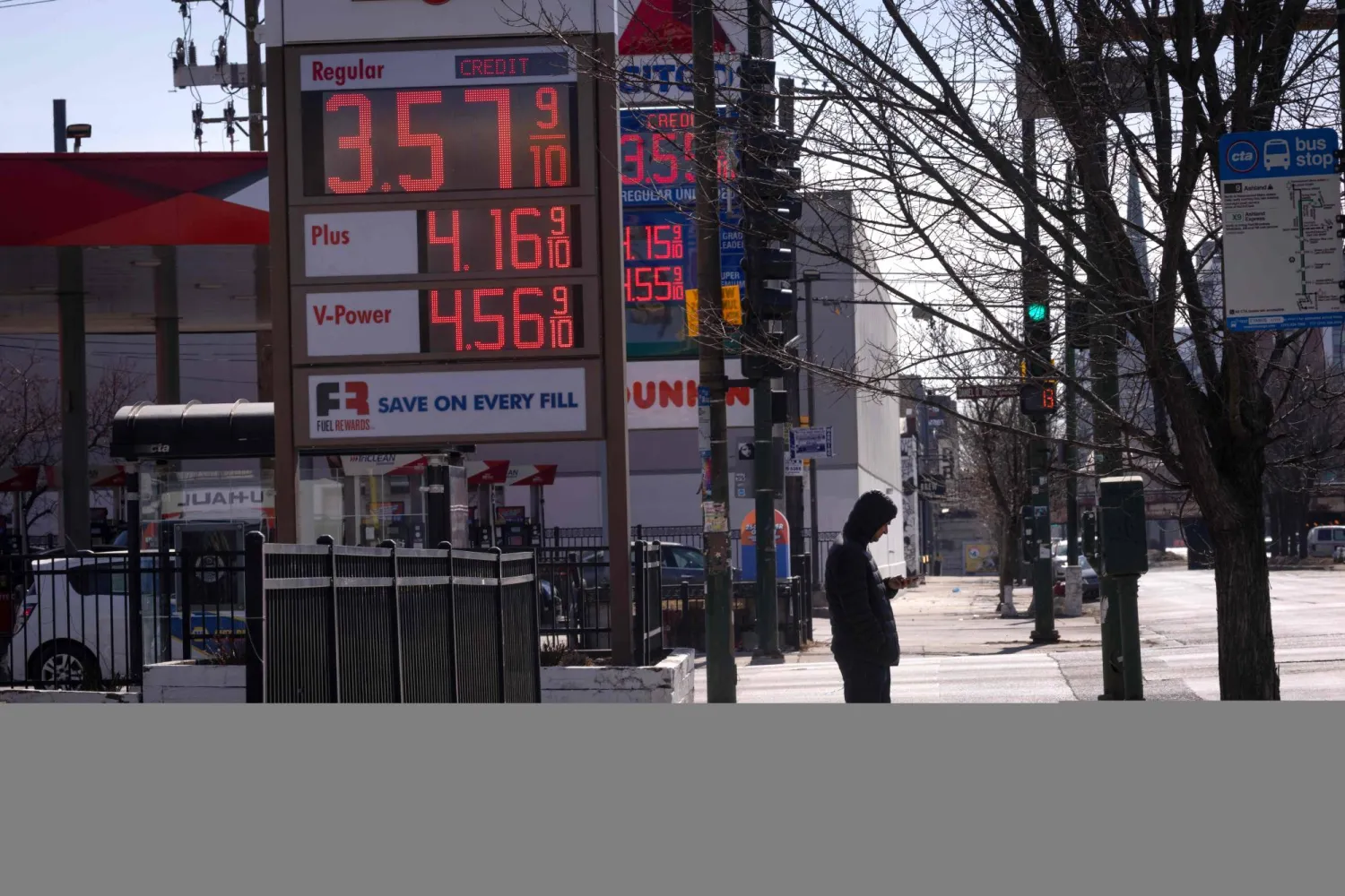 CHICAGO, ILLINOIS - MARCH 02: A sign displays prices for gasoline at a station on March 02, 2026 in Chicago, Illinois. Scott Olson/Getty Images/AFP (Photo by SCOTT OLSON / GETTY IMAGES NORTH AMERICA / Getty Images via AFP)