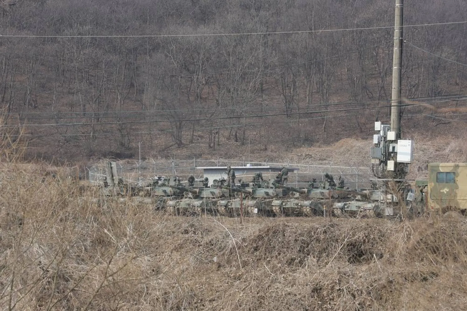  09 March 2026, South Korea, Paju: South Korean tanks stand on standby at a training ground in Paju as South Korea and the United States begin their annual joint springtime military exercise to strengthen their combined defense posture. (YNA/dpa)