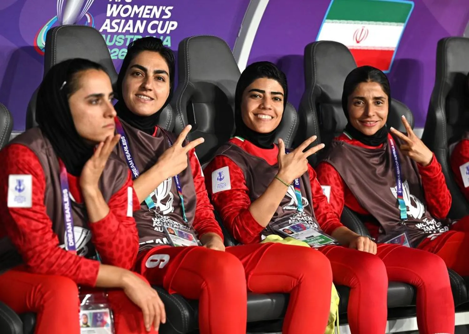 Iran team captain Zahra Ghanbari (2-L), Mona Hamoudi (C) and Atefeh Ramazanzadeh (R) react from the bench during the AFC Women’s Asian Cup Group A match between Iran and Philippines at Gold Coast Stadium on the Gold Coast, Australia, 08 March 2026. (EPA)